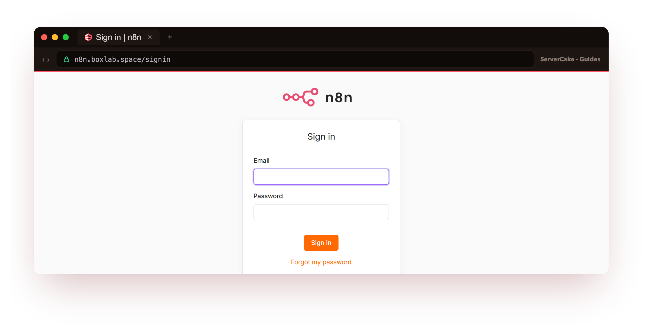 The genuine n8n sign-in page at n8n.boxlab.space served over a valid padlock, framed in the ServerCake browser chrome, the screen you and your team return to after the owner account is created