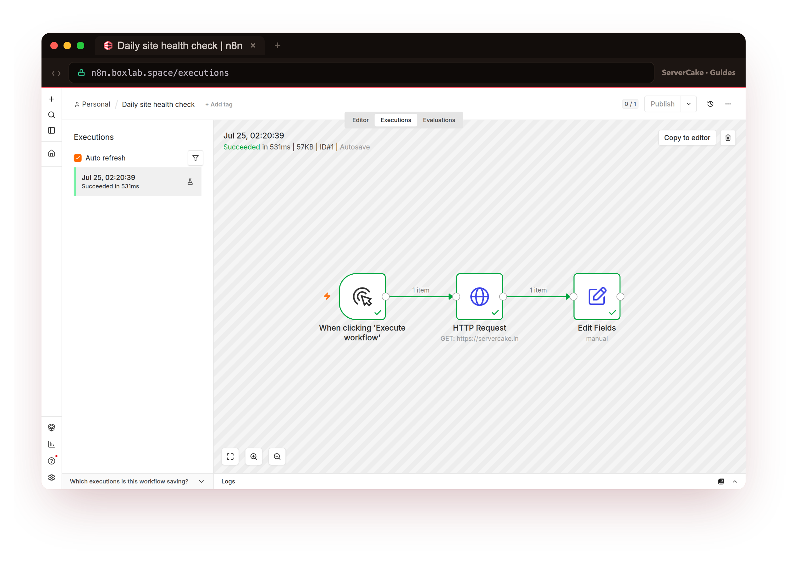 The successful execution on the n8n canvas at n8n.boxlab.space: all three nodes green with checkmarks and one item flowing between them, the Executions panel showing Succeeded in 531ms, proof the workflow genuinely ran