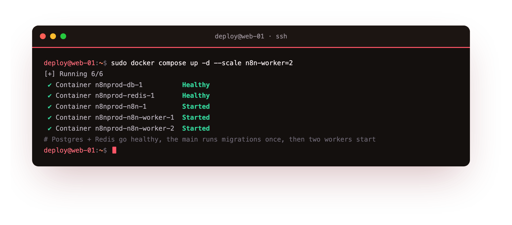 docker compose up -d --scale n8n-worker=2 starting Postgres and Redis, waiting for both to report healthy, running the main n8n so migrations apply once, then starting two dedicated worker containers in parallel