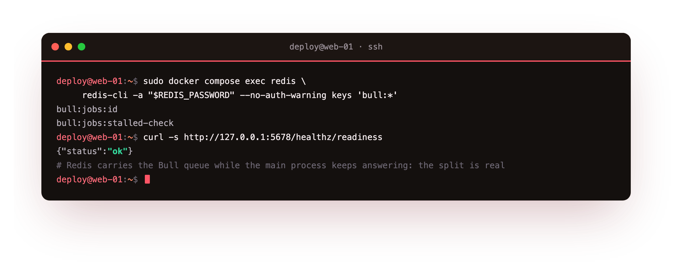 Listing the Bull queue keys in Redis with redis-cli to show Redis is holding n8n's execution queue, then curl returning ok from the main process readiness endpoint at the same time, the editor responsive on one side while the workers run jobs on the other