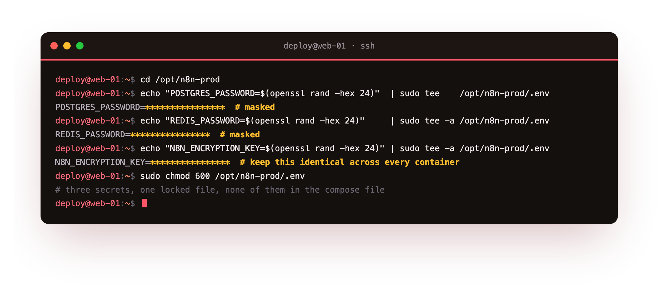 Creating the .env beside the Compose file with strong random values for the Postgres password, the Redis password and the N8N_ENCRYPTION_KEY, all masked to placeholders, then locking the file to mode 600 so only its owner can read the secrets