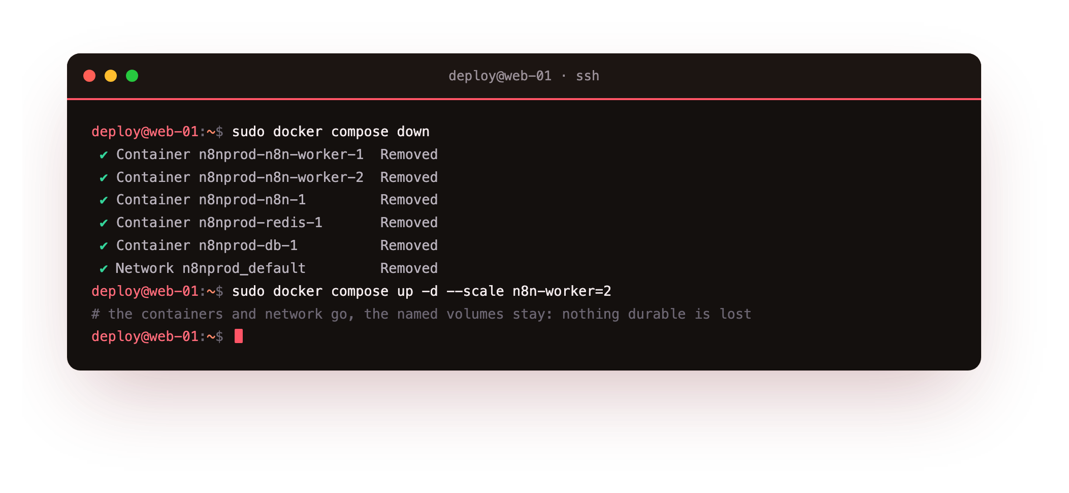 Taking the whole stack down with docker compose down, which removes every container and the network but leaves the named volumes, then bringing it straight back up with two workers, the restart the stack has to survive