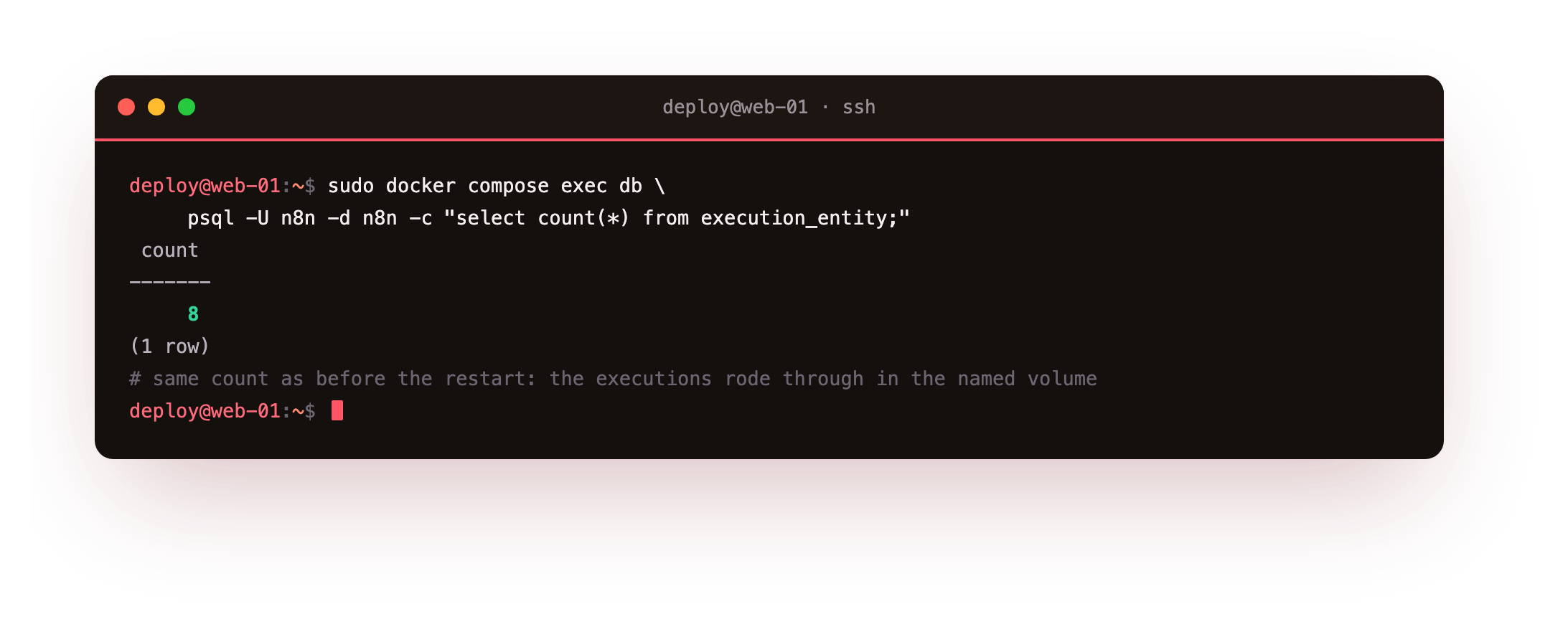 Counting the rows in execution_entity after the restart and getting the same number as before it, proof the past executions survived the stack going down and coming back because the data lives in a named volume and the encryption key stayed the same