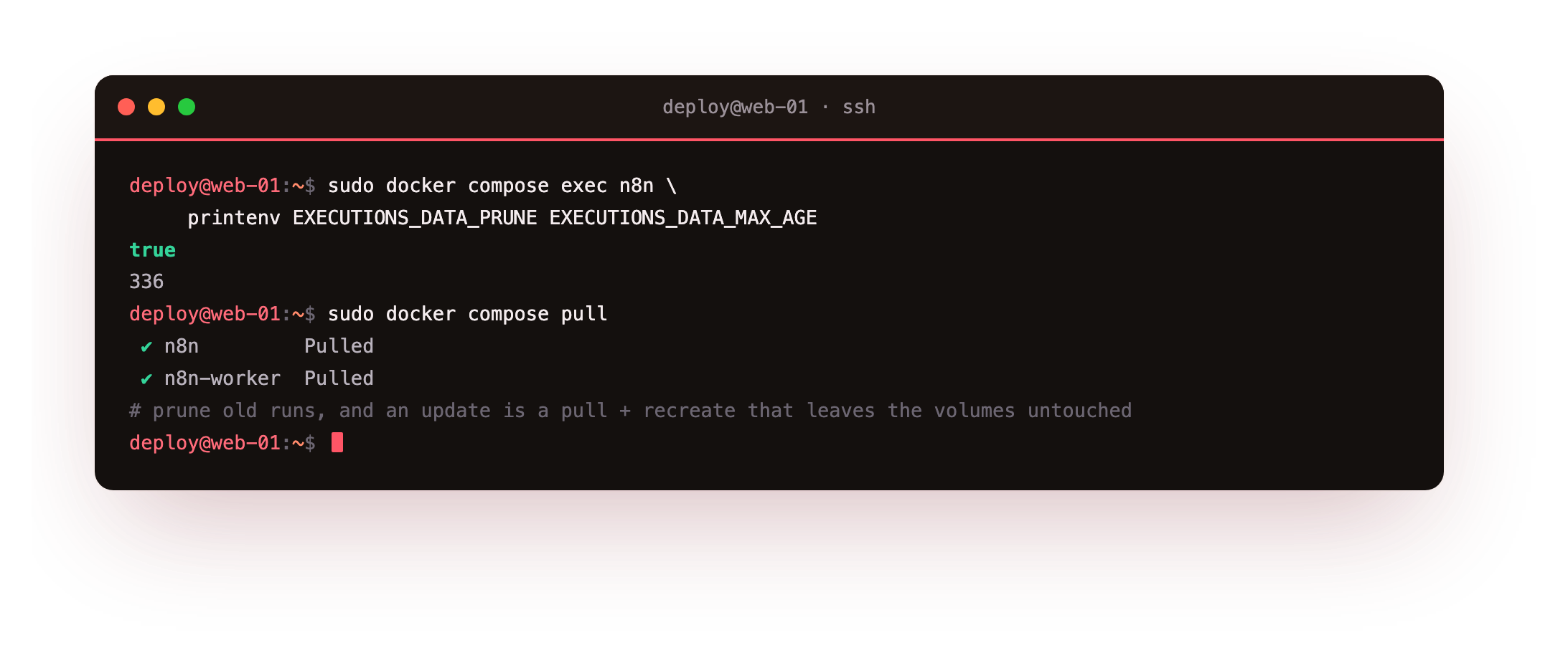 Confirming the pruning window reached the container with printenv showing EXECUTIONS_DATA_PRUNE true and a fourteen-day max age, then docker compose pull fetching a newer image so an update is a pull and a recreate that leaves the volumes untouched