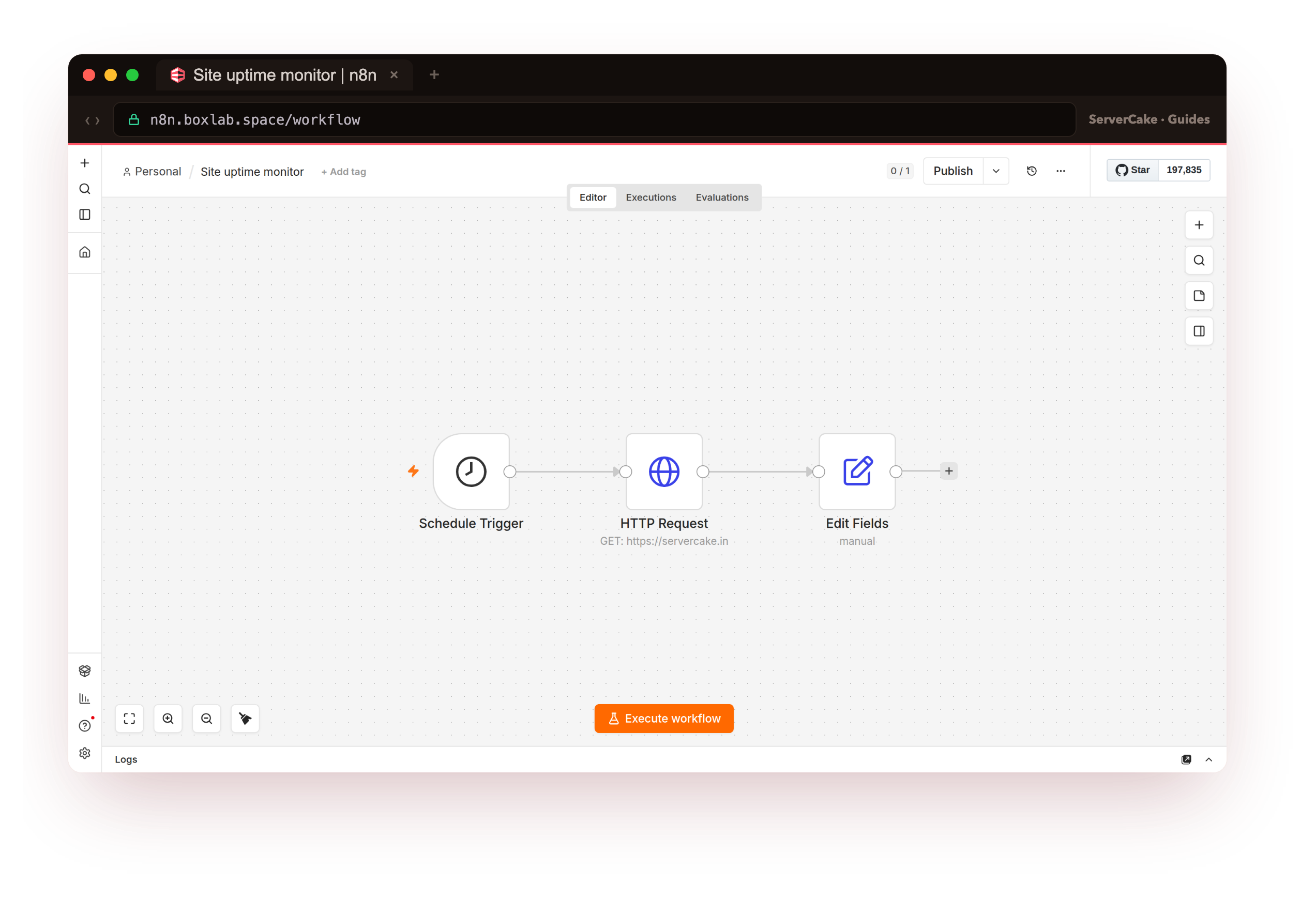 The real n8n 2.31.6 editor canvas at n8n.boxlab.space over real HTTPS, the Site uptime monitor workflow with a Schedule Trigger, an HTTP Request node fetching servercake.in and an Edit Fields node, the production workflow whose scheduled runs go through the Redis queue to a worker