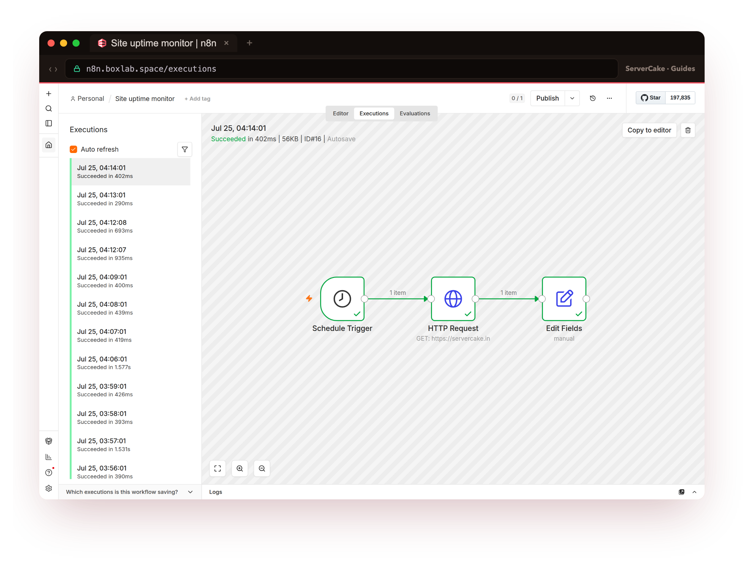 The n8n Executions list at n8n.boxlab.space after the stack was taken down and brought back, showing the scheduled Site uptime monitor runs from before and after the restart all listed as Succeeded, proof the executions and the database survived