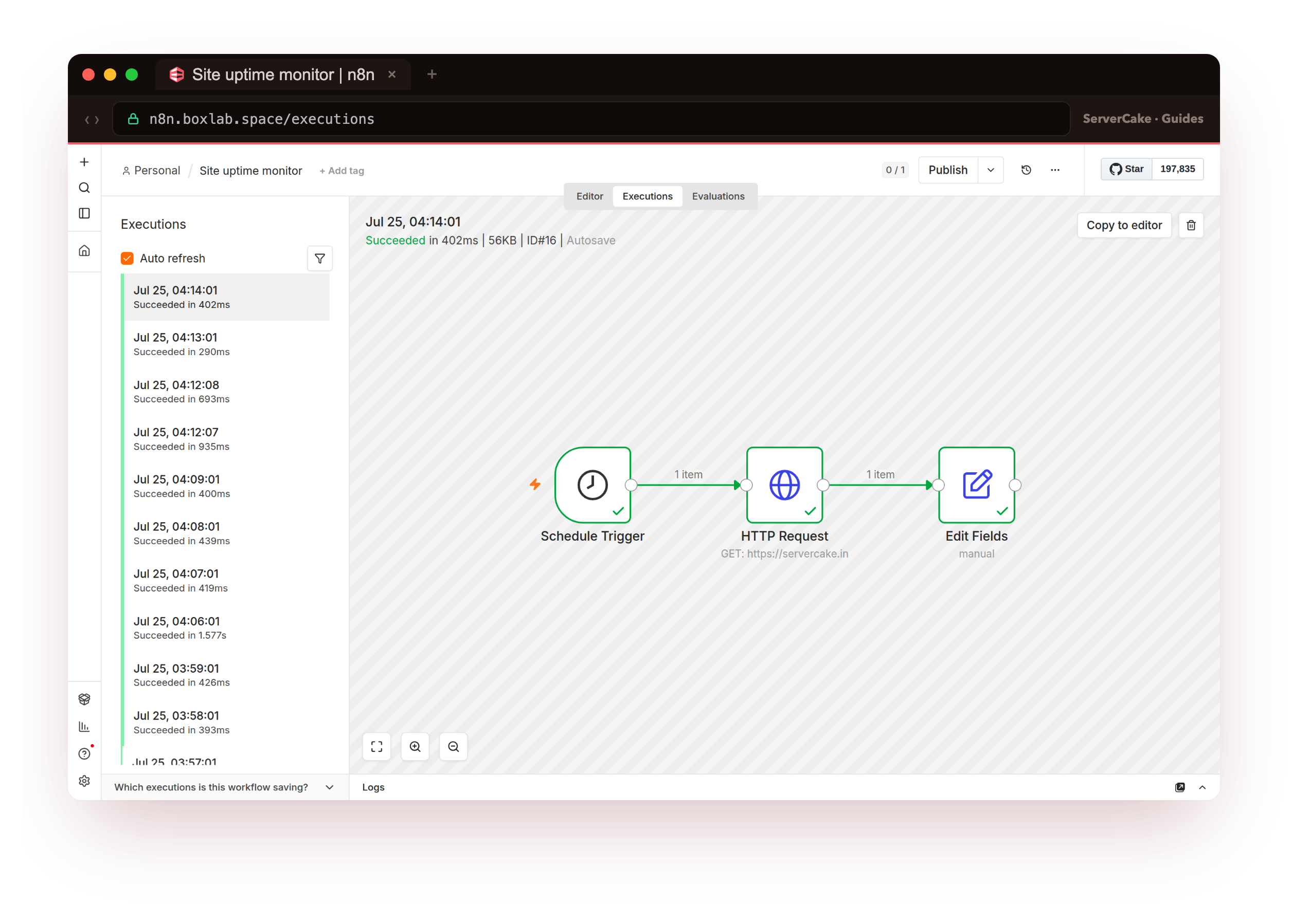 A successful execution of the Site uptime monitor on the n8n canvas at n8n.boxlab.space: the Schedule Trigger, HTTP Request and Edit Fields nodes each green with a checkmark, the run that was executed by a worker off the Redis queue