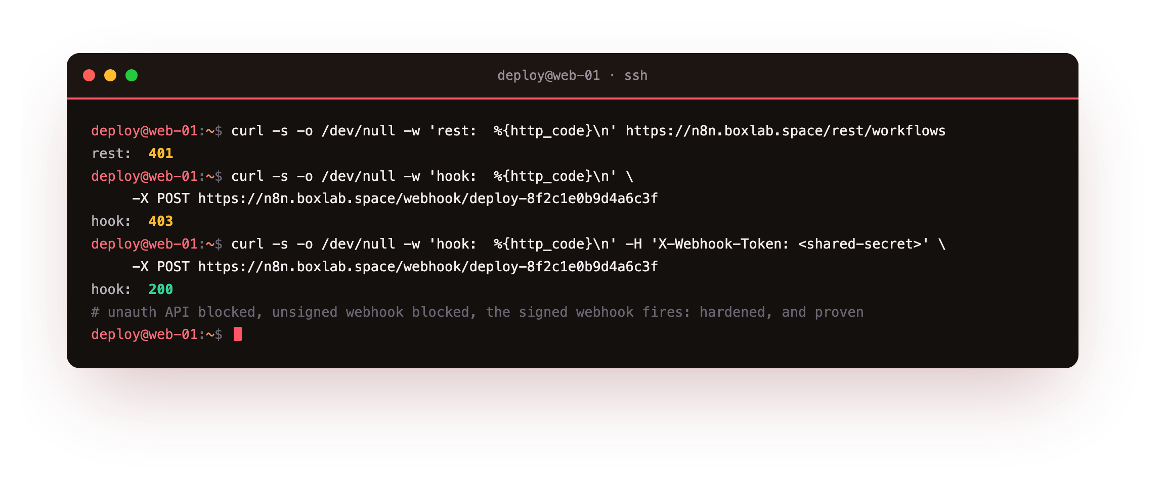 Three curl calls against the hardened n8n at n8n.boxlab.space: an unauthenticated REST call returns 401, the webhook without its shared secret returns 403, and the same webhook with the secret returns 200, the whole guide in one shot