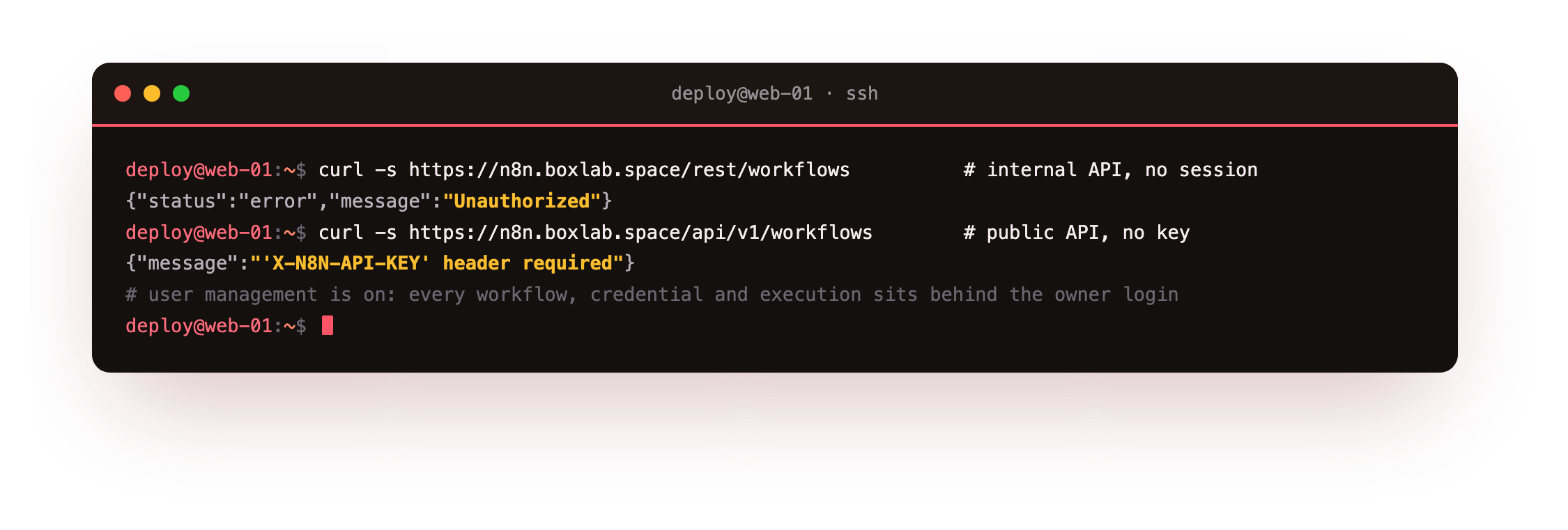 The n8n API behind the owner login: curl to the internal /rest/workflows returns Unauthorized and the public /api/v1/workflows demands an X-N8N-API-KEY header, so no workflow, credential or execution is readable without signing in