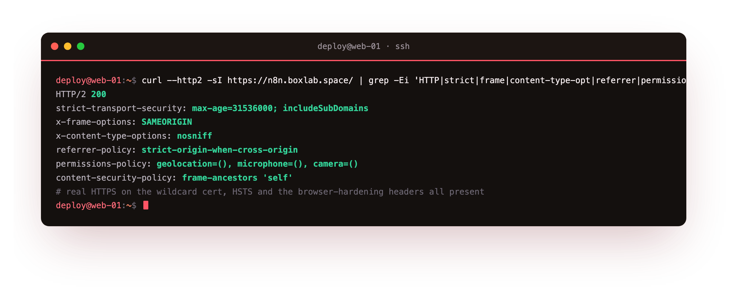 curl over HTTP/2 returning 200 with the security headers present: Strict-Transport-Security (HSTS), X-Frame-Options SAMEORIGIN, X-Content-Type-Options nosniff, Referrer-Policy, Permissions-Policy and a Content-Security-Policy, all served over the real wildcard certificate