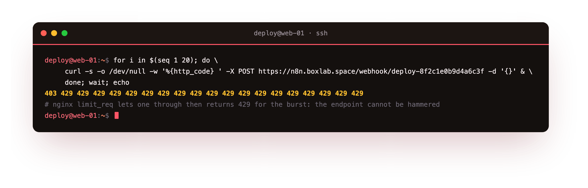 The nginx rate limit on the webhook path: a burst of twenty rapid requests returns one 403 then a wall of 429 Too Many Requests, so the endpoint cannot be flooded or brute-forced because nginx throttles it before n8n does any work