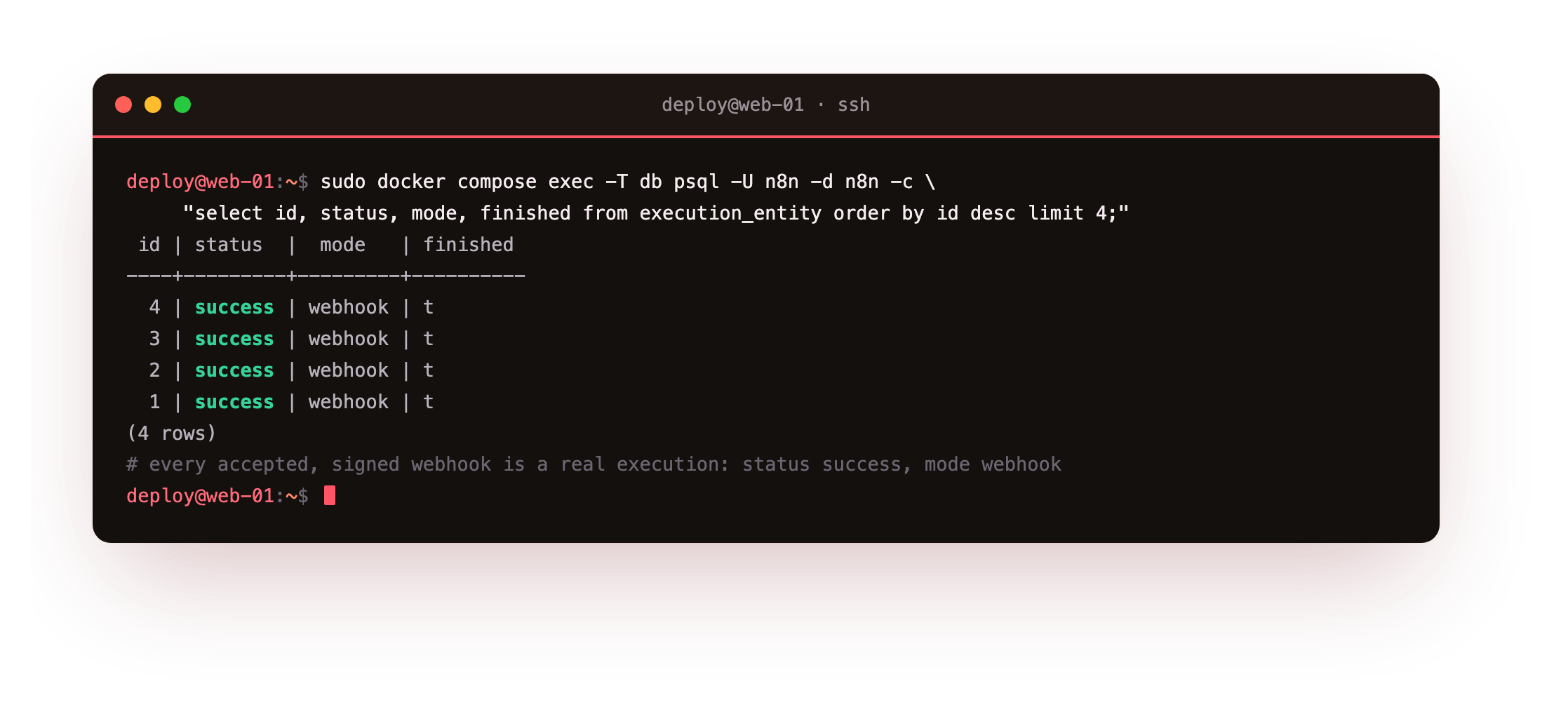 The accepted signed webhooks recorded in Postgres: a psql query on execution_entity shows the runs are status success and mode webhook, proof the calls that carried the shared secret ran end to end while the rejected ones never appear