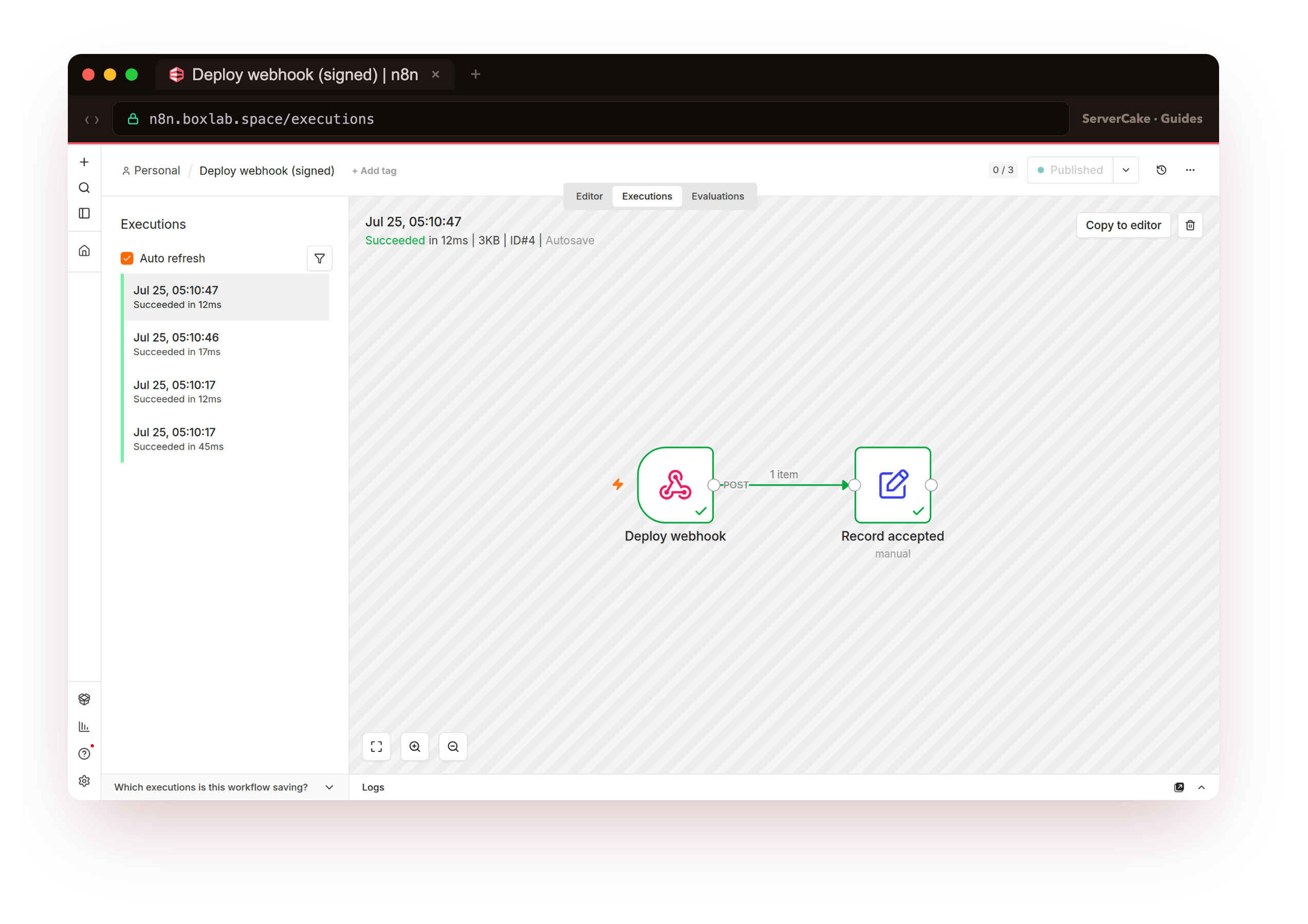 A successful execution of the signed webhook workflow at n8n.boxlab.space, both the Deploy webhook and Record accepted nodes green with checkmarks and one item flowing between them, the run a valid signed request fired, Succeeded in 12ms