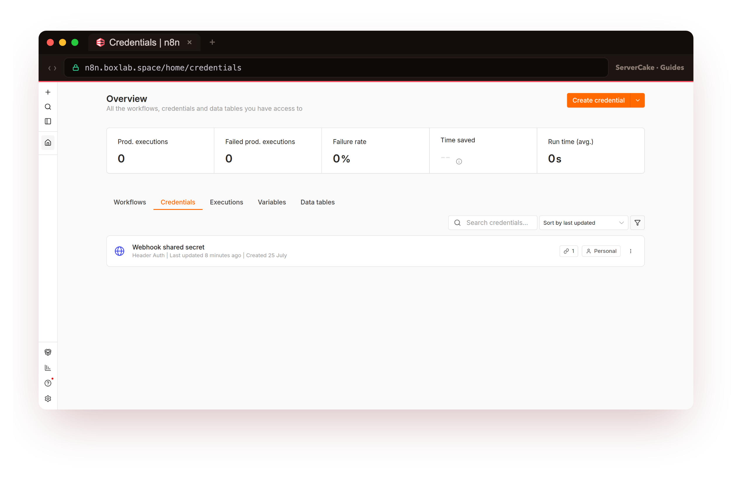 The n8n credentials list at n8n.boxlab.space showing the Webhook shared secret credential of type Header Auth, the stored secret that gates the webhook and that lives encrypted at rest in the database, its value never shown in the interface