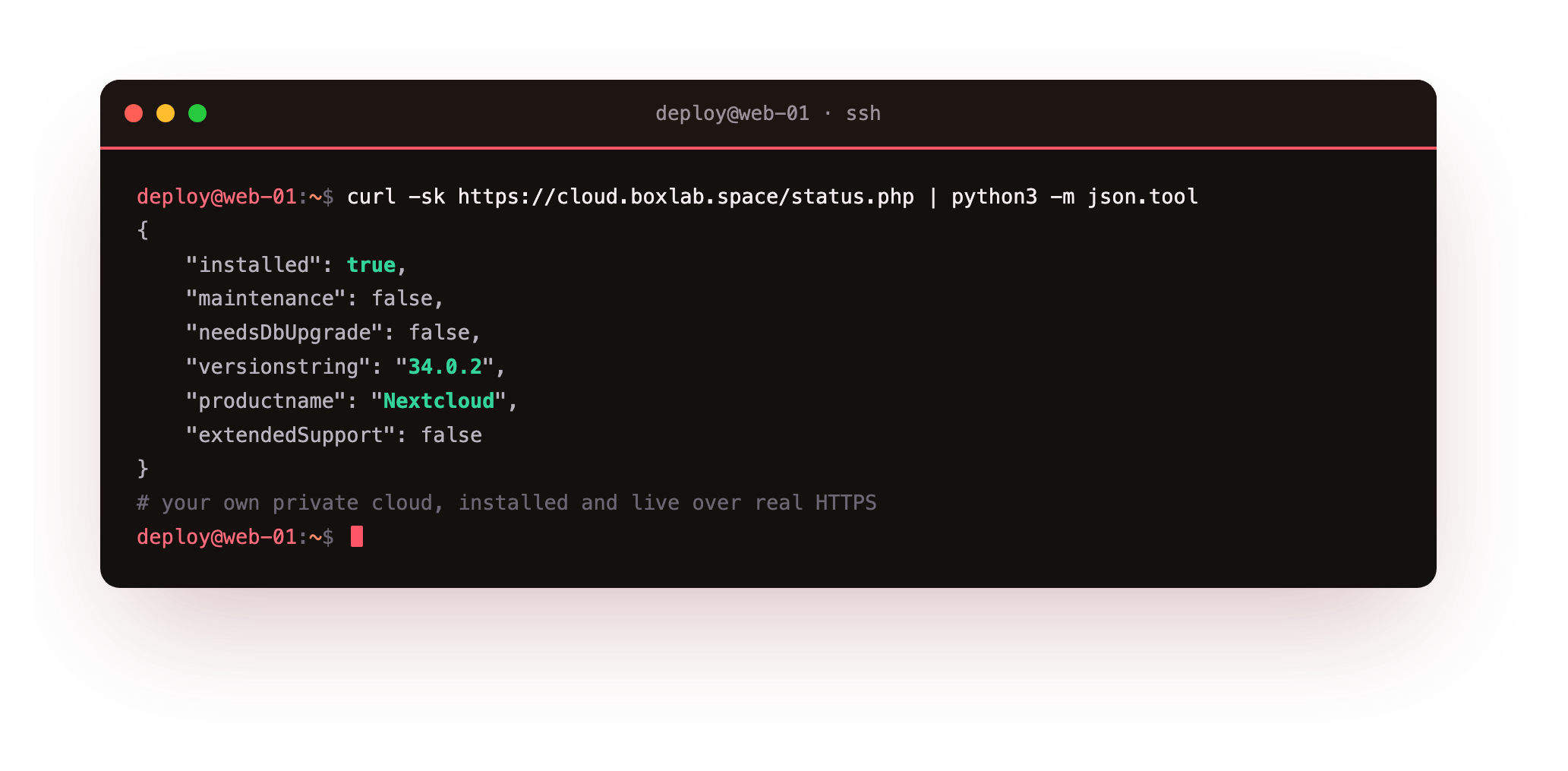 The finished install answering status.php with installed true, the exact version 34.0.2 and the Nextcloud product name, captured against the real lab instance cloud.boxlab.space over real HTTPS
