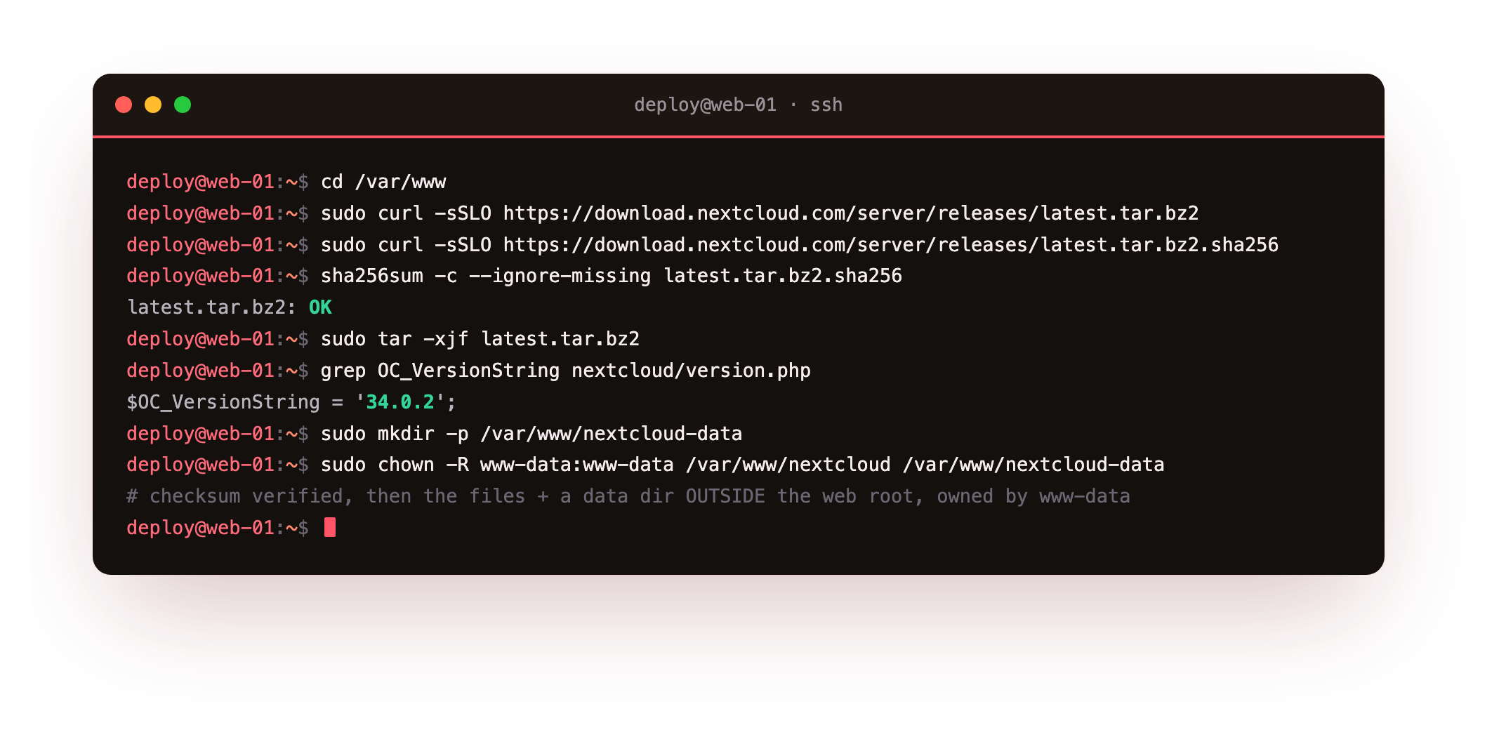 Downloading the current Nextcloud release, verifying it against the published checksum with latest.tar.bz2: OK, unpacking it, confirming version 34.0.2 from version.php, and creating a data directory outside the web root owned by www-data