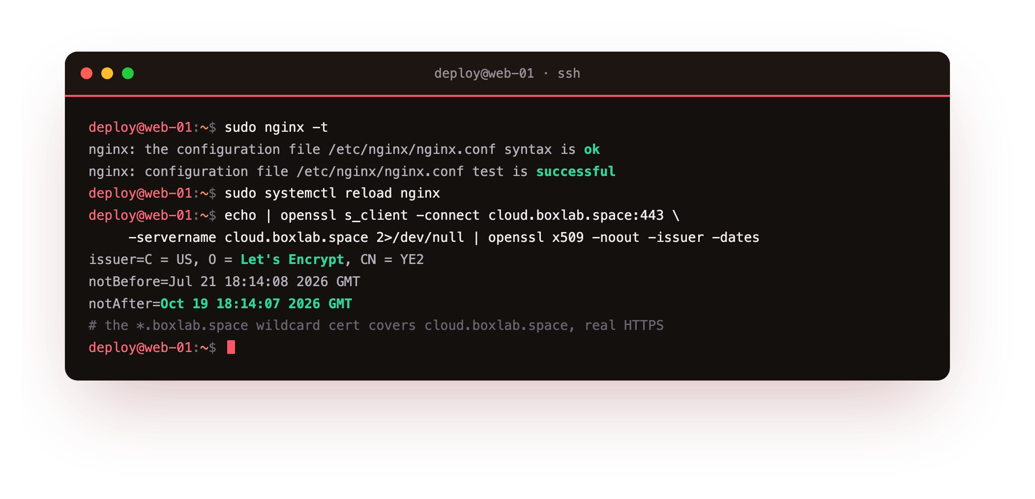 nginx -t reporting the configuration syntax ok and test successful, then openssl confirming the served certificate is issued by Let's Encrypt and covers the domain through the wildcard, real HTTPS