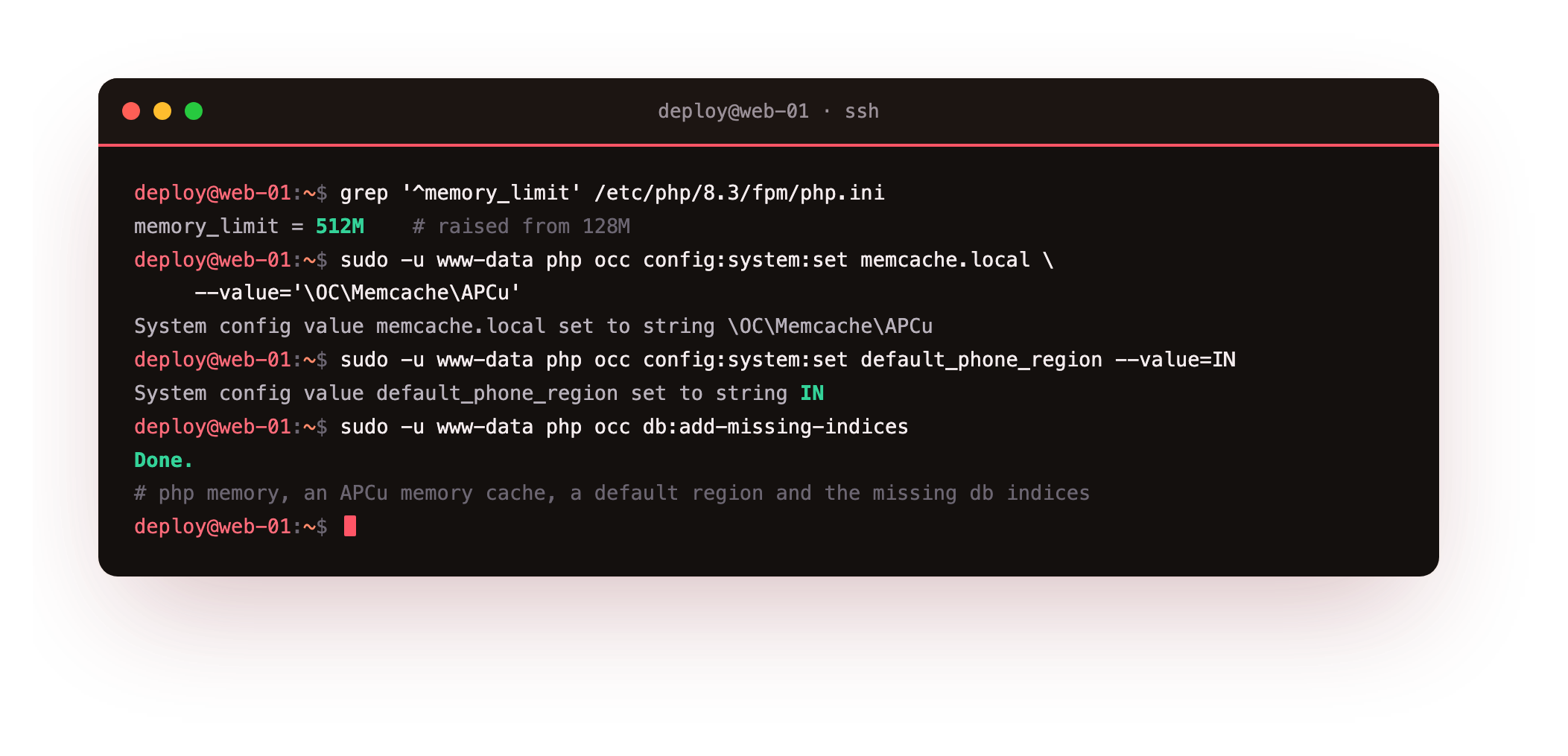 Fixing the recommended settings from the shell: PHP memory_limit raised to 512M, an APCu local memory cache configured, the default phone region set to IN, and the missing database indices added with occ db:add-missing-indices reporting Done