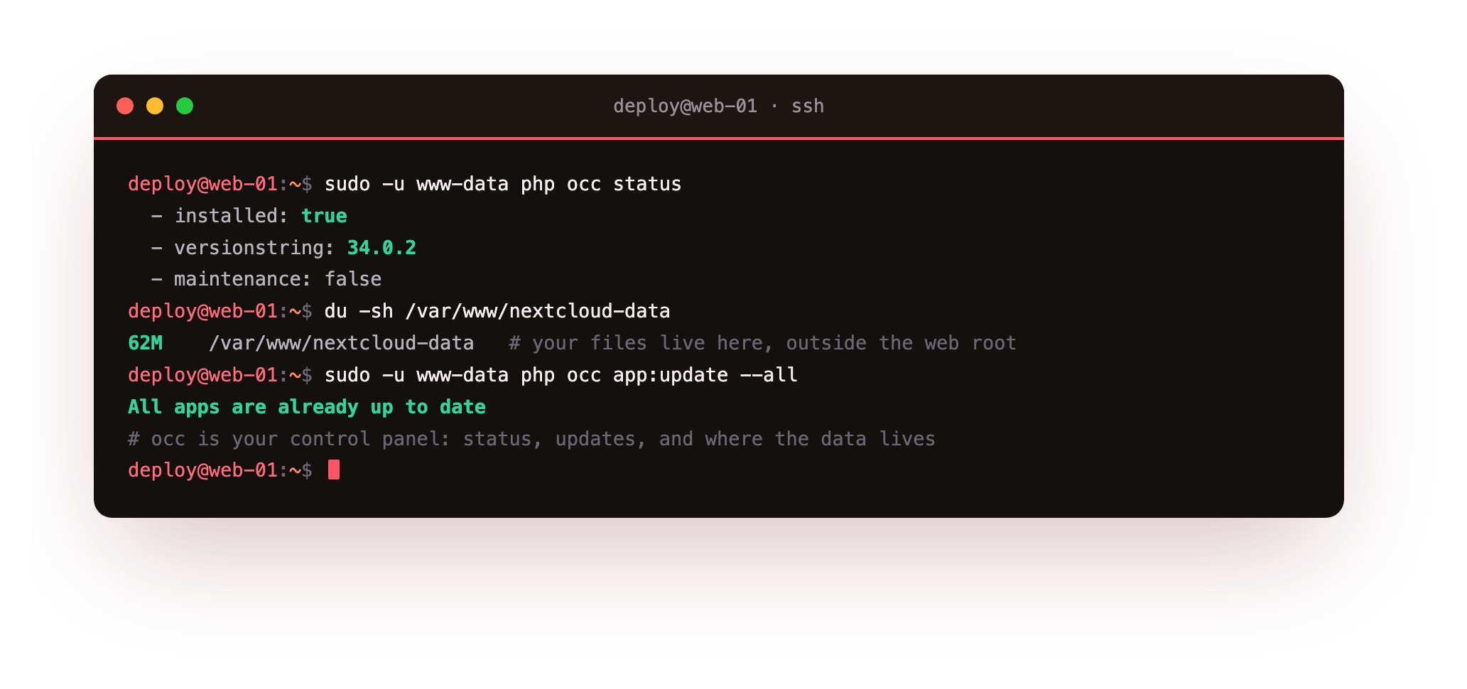 Keeping it running with occ: status showing installed 34.0.2 with maintenance off, the data directory size under /var/www/nextcloud-data where the files live, and occ app:update --all reporting all apps already up to date