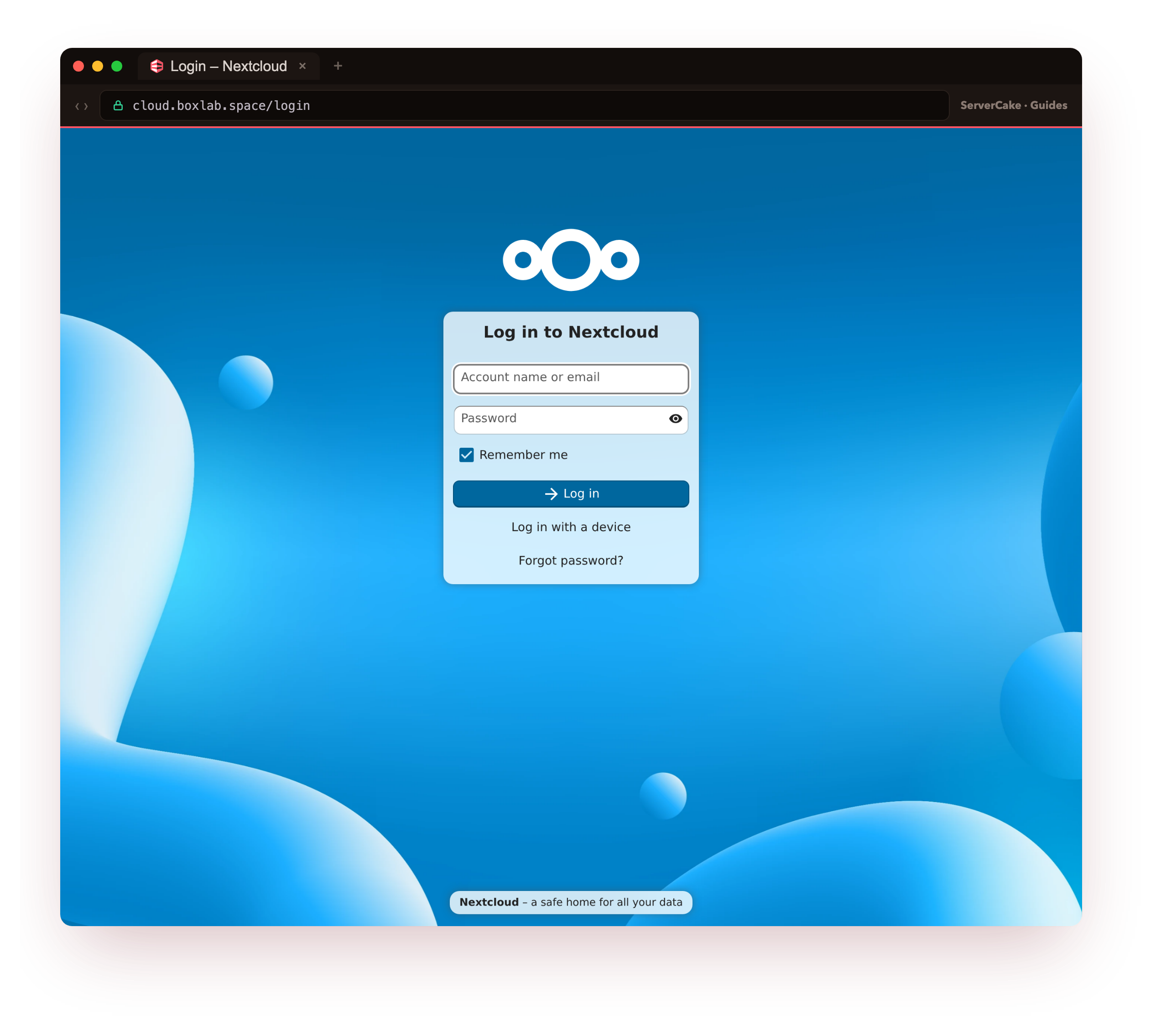 The genuine Nextcloud login page at cloud.boxlab.space served over real HTTPS with a valid padlock, framed in the ServerCake browser chrome, the sign-in form you reach the moment the install finishes