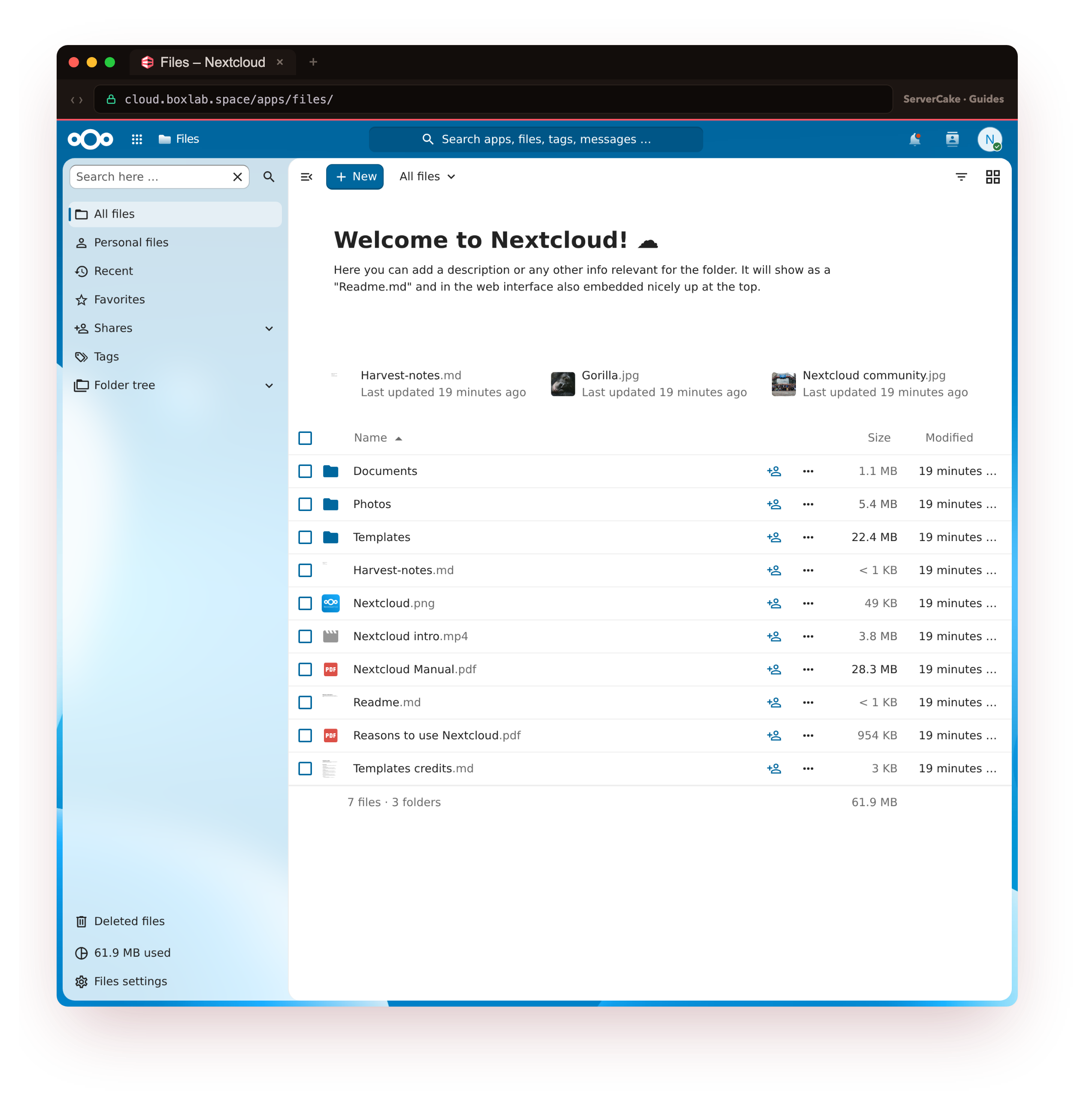 The real Nextcloud 34.0.2 Files app at cloud.boxlab.space after first login, showing the sample documents plus the genuinely uploaded Harvest-notes.md file in the list, 7 files and 3 folders, over real HTTPS