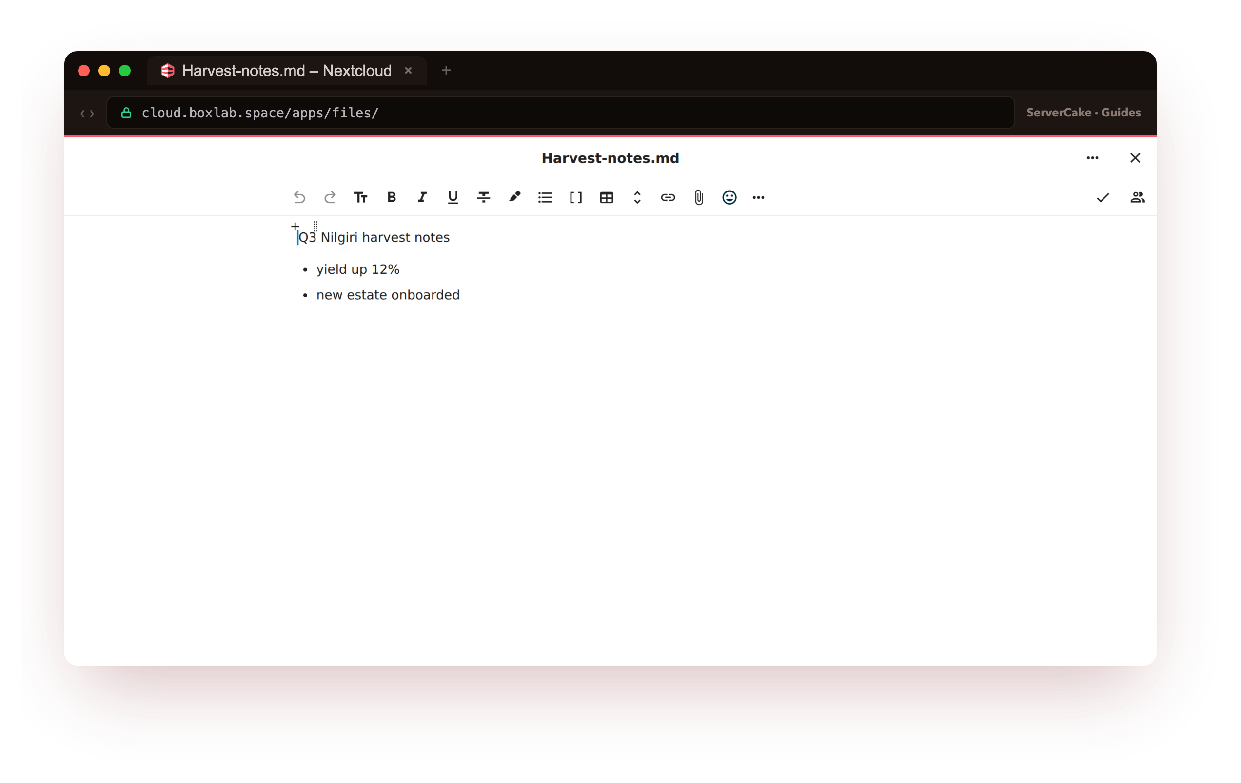 The uploaded Harvest-notes.md file opened in the built-in Nextcloud text viewer at cloud.boxlab.space, showing its real content, the Q3 Nilgiri harvest notes, proof the file is genuinely stored and served back