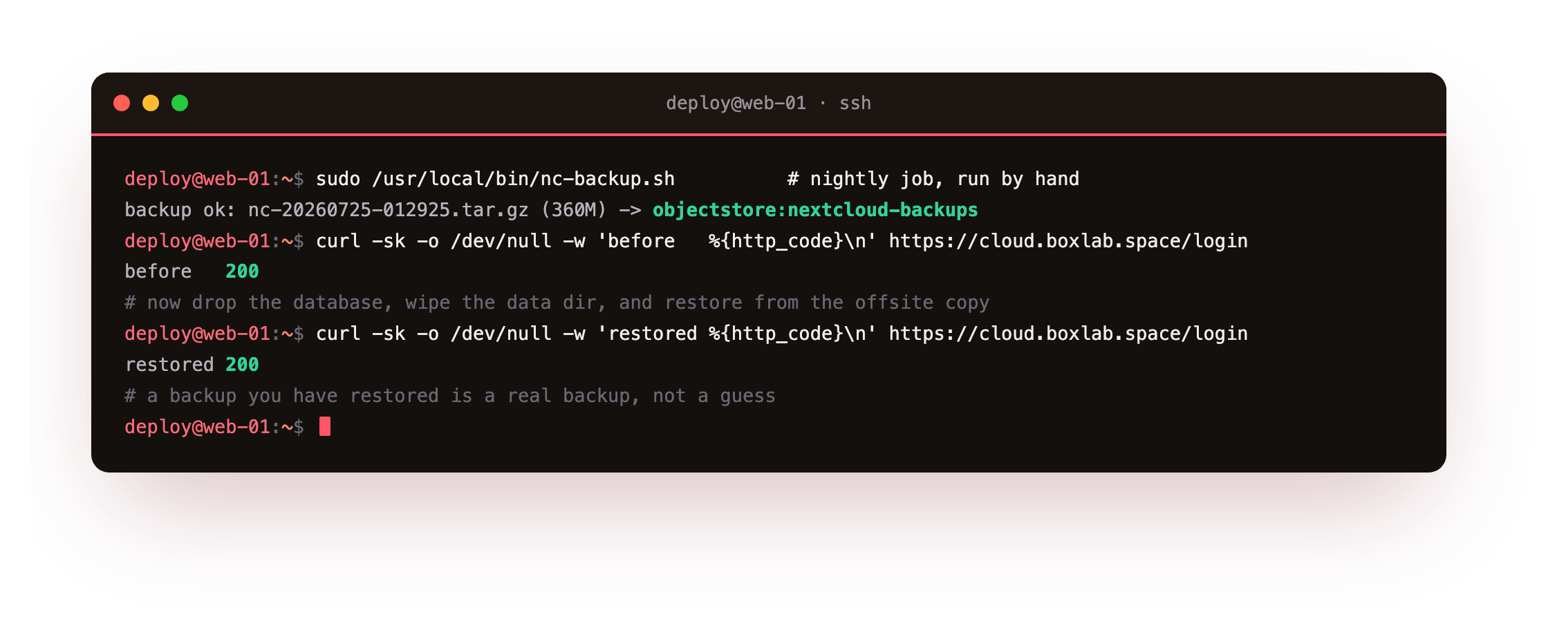 The destination proof on one slice: the backup script writes a timestamped archive and pushes it offsite, then a simulated disaster drops the database, and a restore from the offsite copy brings the login page from a broken state back to HTTP 200 with every user file in place
