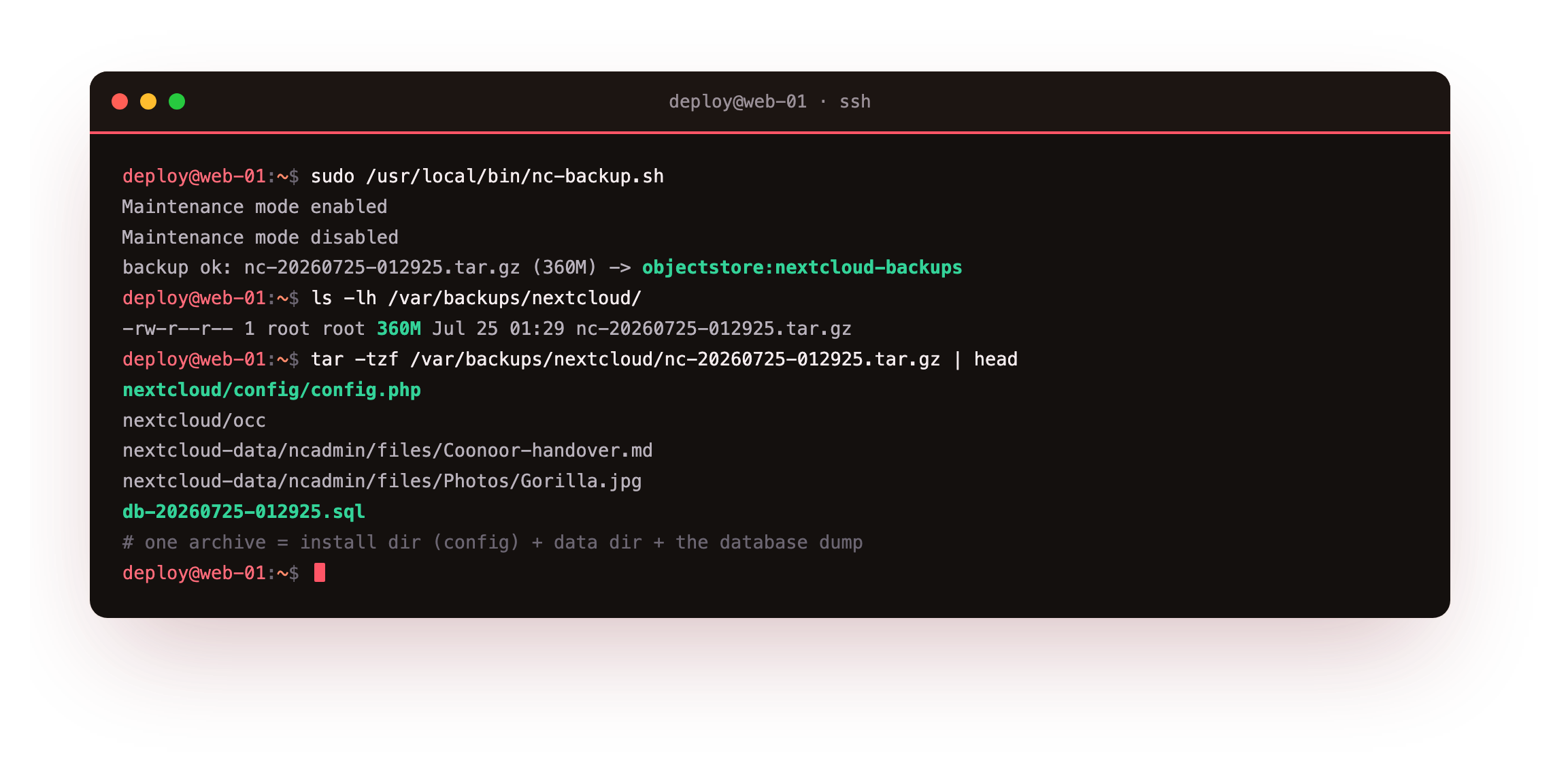 Running the backup script: nc-backup.sh entering maintenance mode, dumping the database with mysqldump and rolling the install directory, the data directory and the dump into a single 360M nc-20260725 archive, then tar -tzf listing nextcloud/config/config.php, the nextcloud-data tree and the db SQL dump inside it
