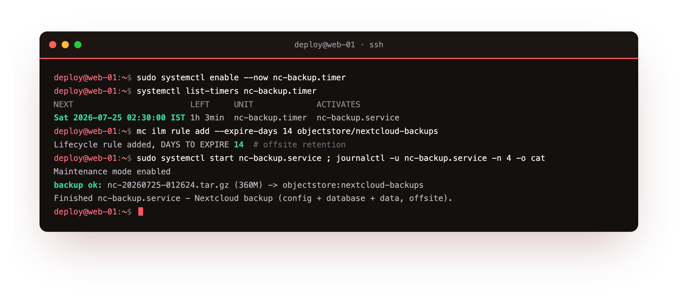 Automating the backup: a systemd timer scheduled to fire nightly at 02:30 in the low-traffic window shown by systemctl list-timers, a 14-day bucket lifecycle rule for offsite retention, and journalctl showing the service run on demand enabling maintenance mode, reporting backup ok and finishing cleanly