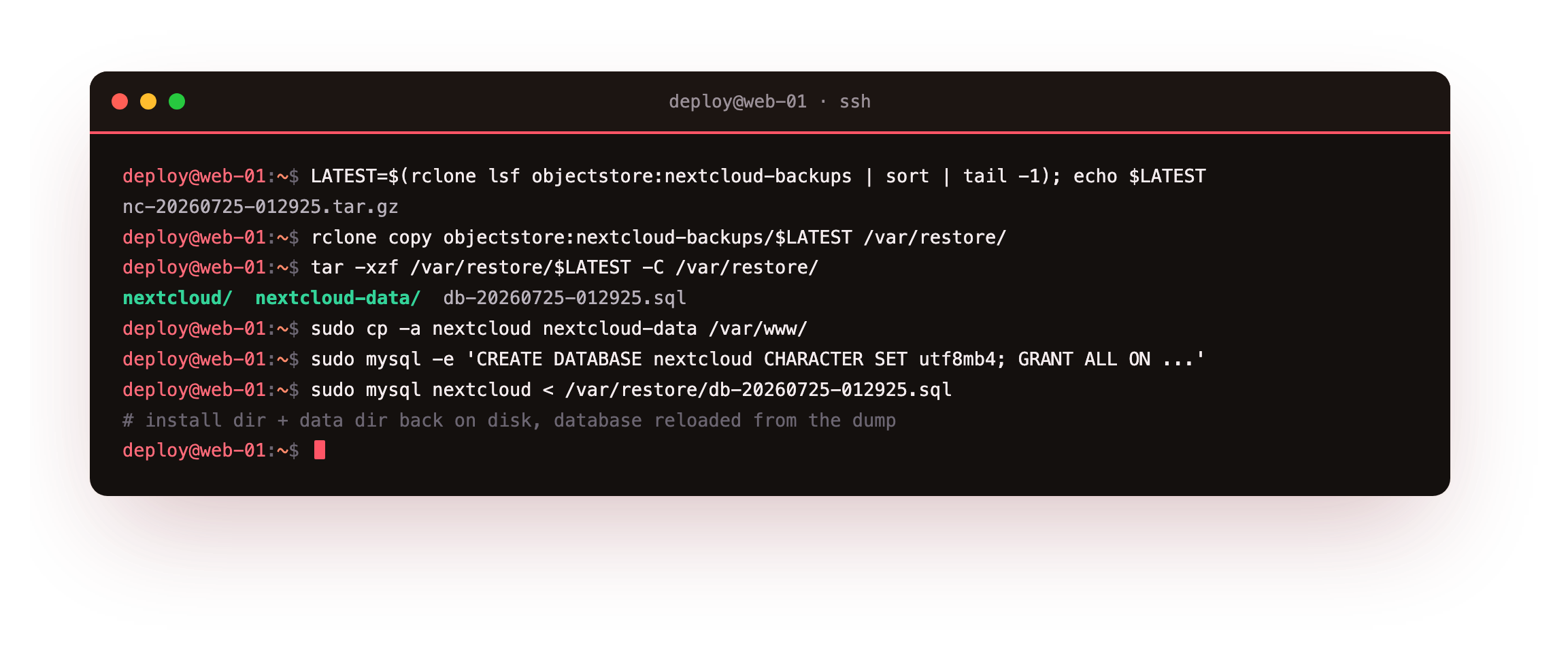 Restoring from the offsite copy: rclone pulling the newest archive out of the nextcloud-backups bucket, tar extracting the nextcloud install directory, the nextcloud-data directory and the SQL dump, then copying the directories back and recreating and importing the database with mysql