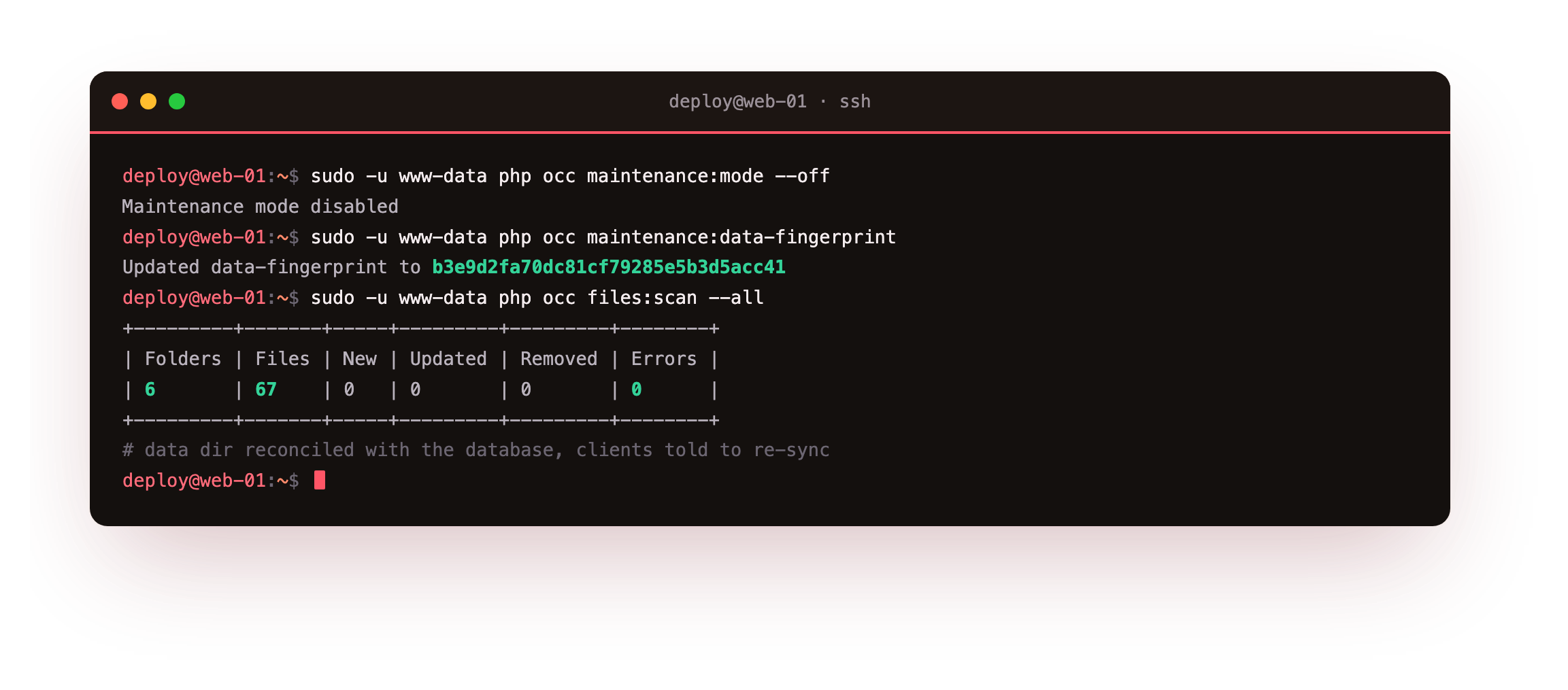 Bringing Nextcloud back after the restore: occ releasing maintenance mode, occ maintenance:data-fingerprint resetting the fingerprint so connected clients re-sync cleanly, and occ files:scan --all walking the restored data directory and reporting 6 folders and 67 files with no errors