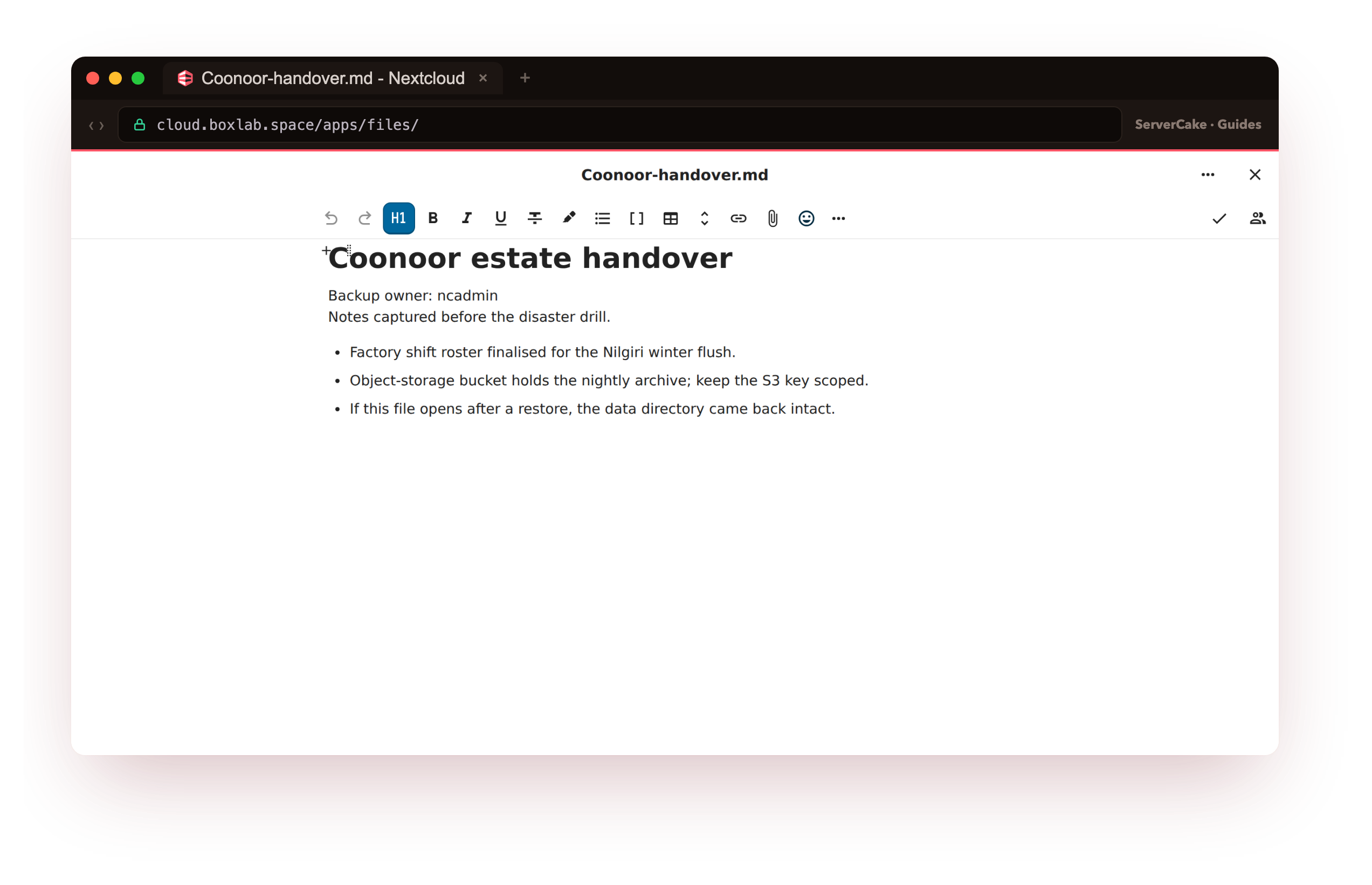 The live Nextcloud instance at cloud.boxlab.space with the user file Coonoor-handover.md open in the built-in text viewer over real HTTPS with a valid padlock, the healthy instance whose config, database and data directory this tutorial backs up and later restores, framed in the ServerCake browser chrome