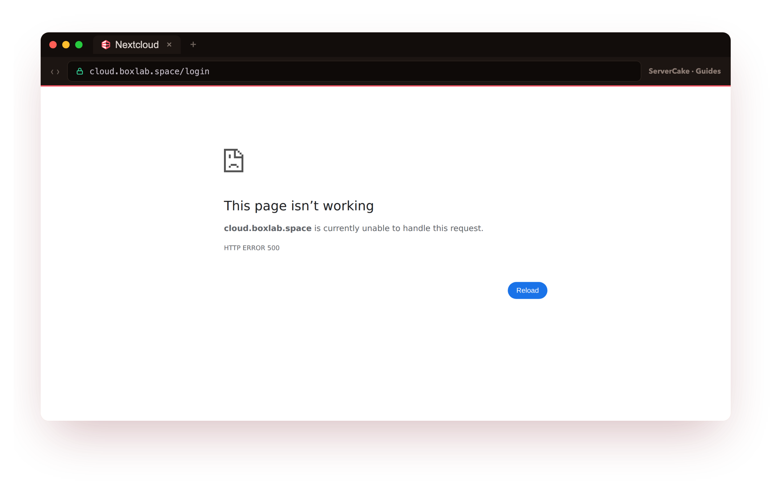 The genuine broken instance at cloud.boxlab.space after the database is dropped: the Nextcloud Internal Server Error page, exactly what a user sees when the database Nextcloud depends on is gone, the failure state the offsite backup exists to recover from, over real HTTPS