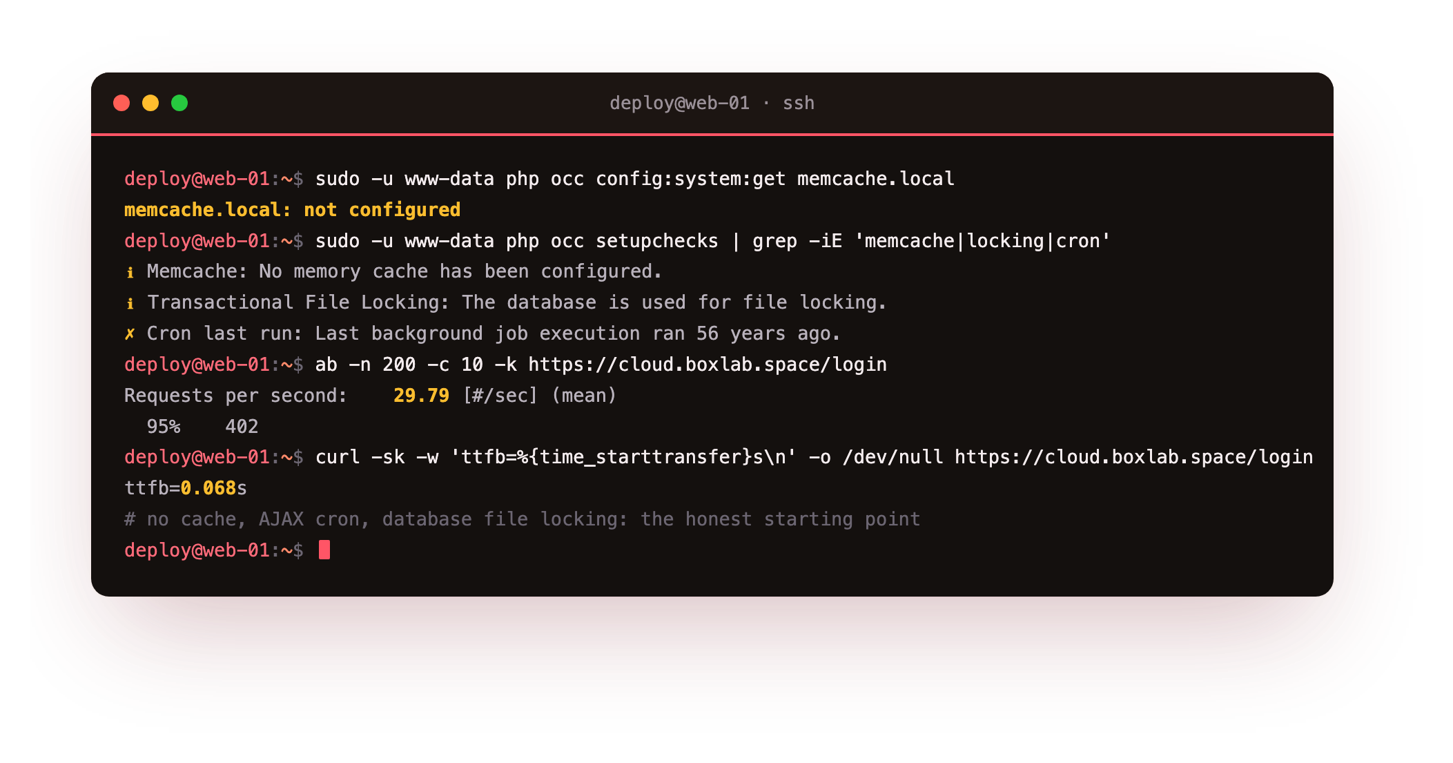 Baselining the un-tuned instance: occ reporting no memory cache configured, the database used for transactional file locking and a background cron that ran 56 years ago, then ab showing 29.79 requests per second and curl a time-to-first-byte of about 68ms, the honest starting numbers