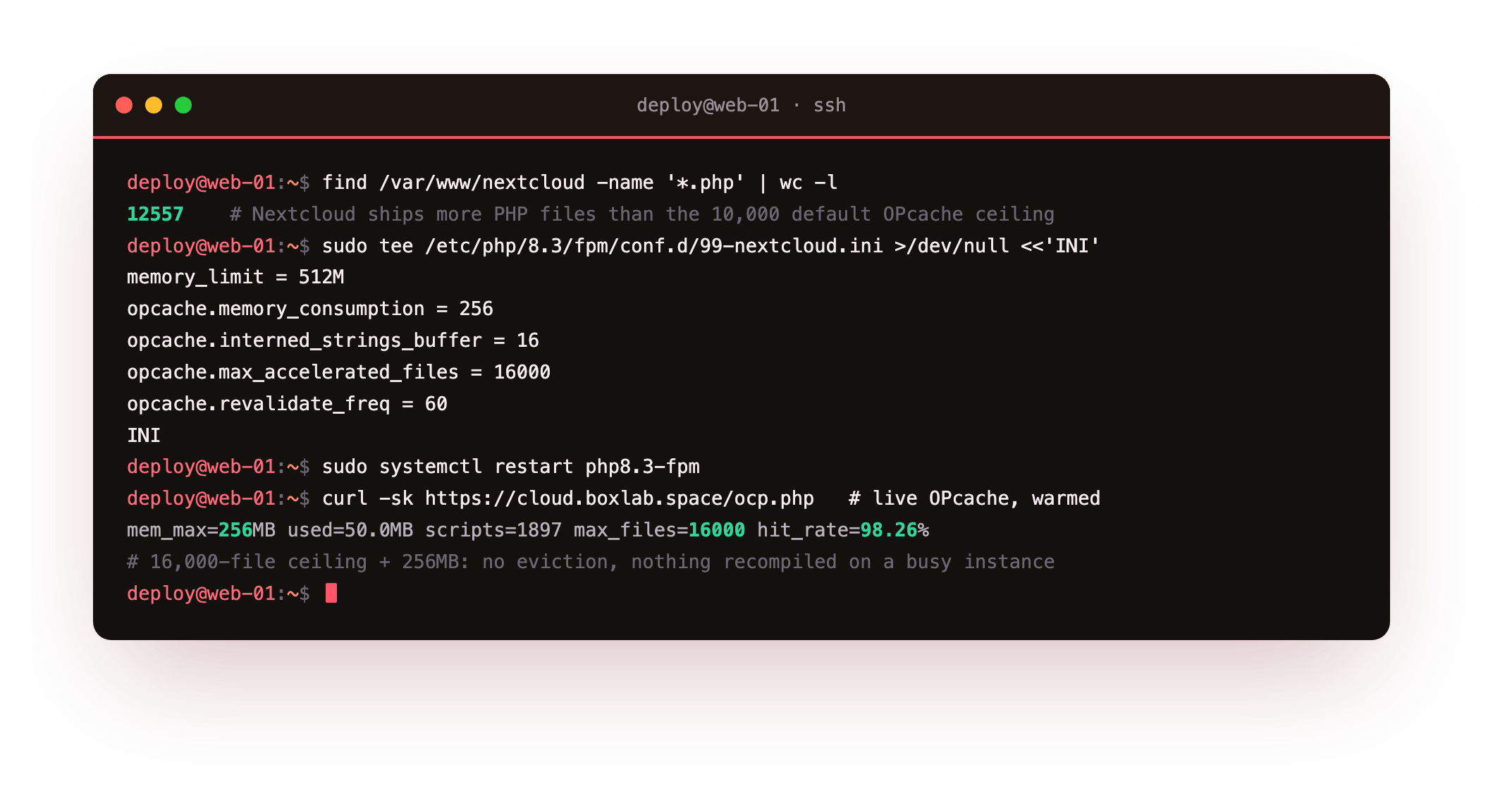 Tuning PHP and OPcache: Nextcloud ships 12,557 PHP files, above the 10,000 default OPcache ceiling, so the drop-in raises memory_limit to 512M and OPcache to a 256MB pool with a 16,000-file ceiling, after which the live OPcache reads 256MB with a 98.26 percent hit rate and no evictions