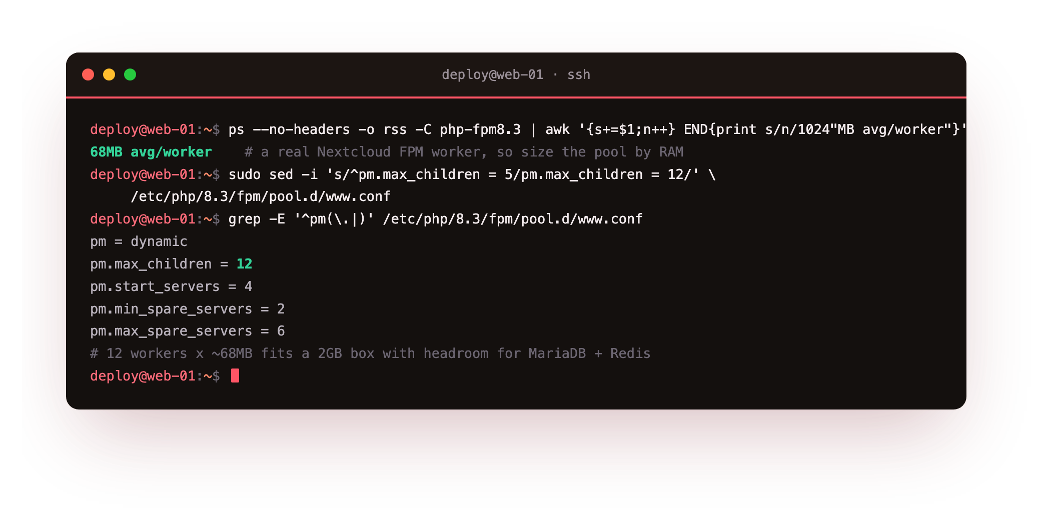 Sizing the php-fpm pool for the box: a real Nextcloud worker uses about 68MB, so the default five max_children is raised to twelve, which fits a 2GB slice with headroom for MariaDB and Redis so concurrent requests are not queued behind five workers