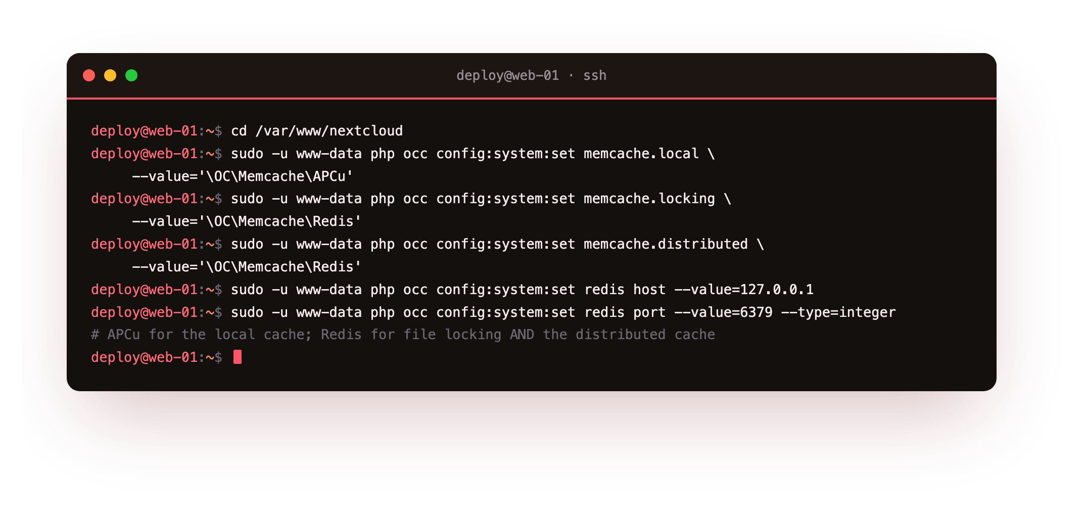 Wiring the caches into Nextcloud with occ: memcache.local set to APCu for the local cache, and both memcache.locking and memcache.distributed set to Redis with the host and port, so file locking and the distributed cache move off the database into memory