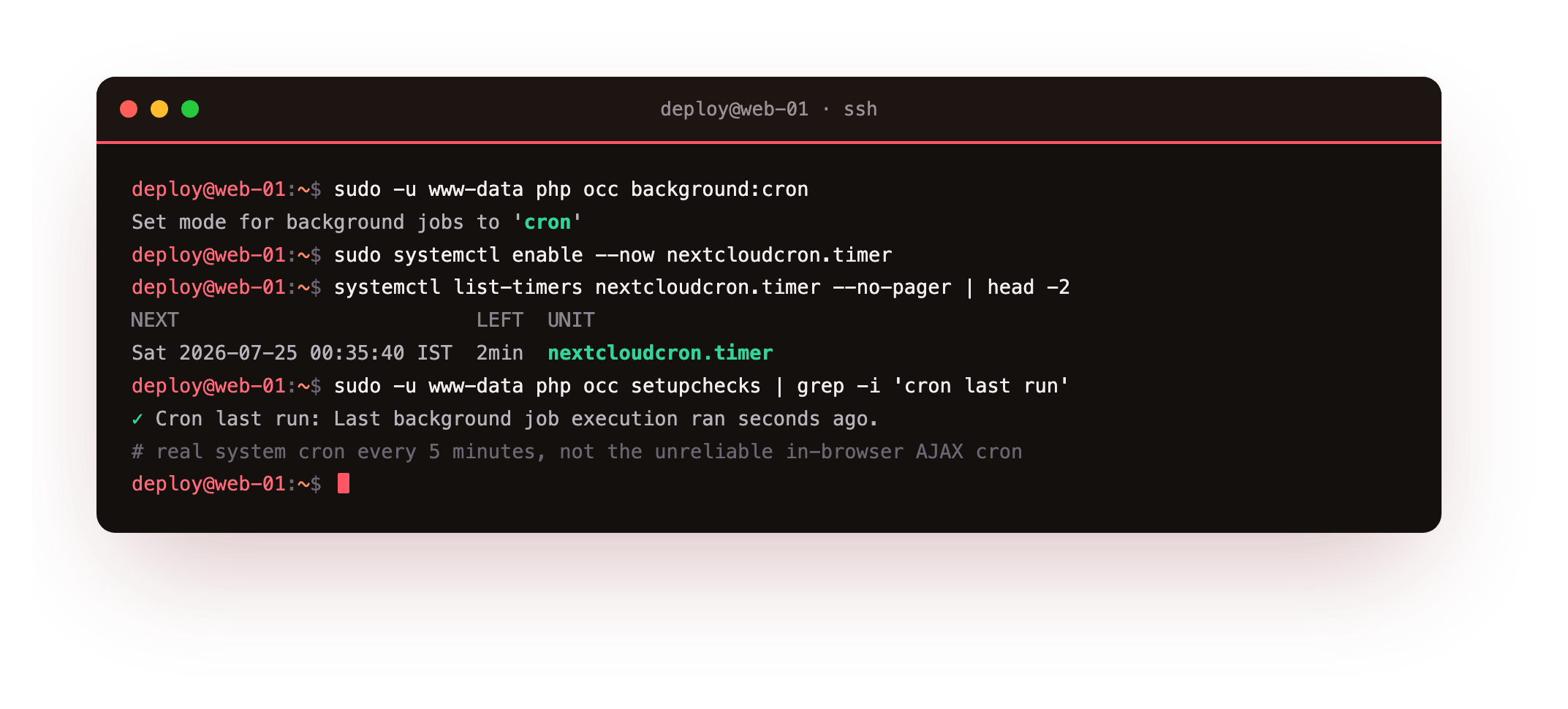 Moving background jobs to a real system cron: occ setting the mode to cron, a systemd timer enabled to run cron.php every five minutes shown by systemctl list-timers, and the Cron last run setup check reporting the last execution ran seconds ago instead of decades