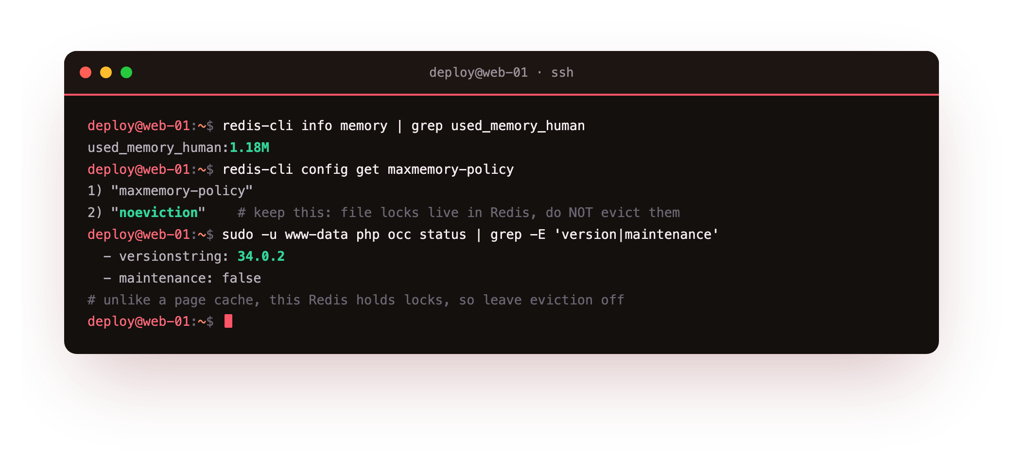 Keeping it healthy: redis-cli showing just over a megabyte used and the maxmemory-policy at noeviction, which Nextcloud needs because file locks live in this Redis and must never be evicted, plus occ status confirming version 34.0.2 with maintenance mode off