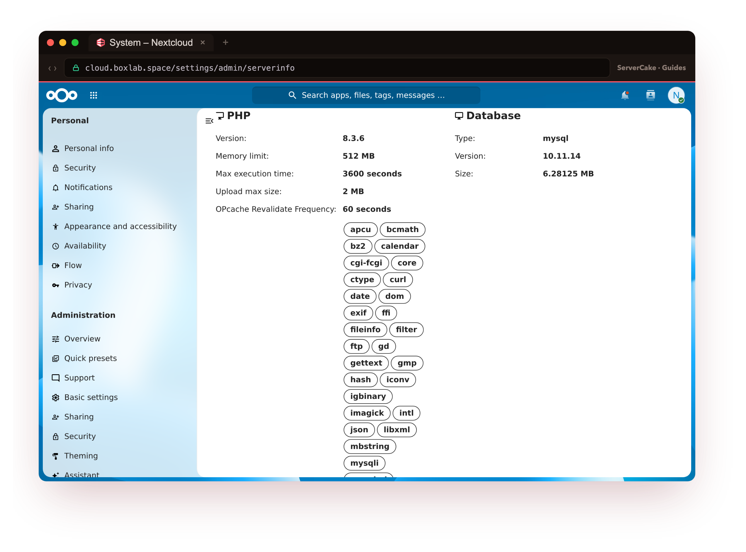 The Nextcloud System info page at cloud.boxlab.space after wiring the caches, showing the tuned runtime: PHP 8.3.6 with a 512 MB memory limit and a 60 second OPcache revalidate frequency, the apcu, redis and other extensions loaded, and MariaDB 10.11.14, framed in the ServerCake browser chrome over real HTTPS