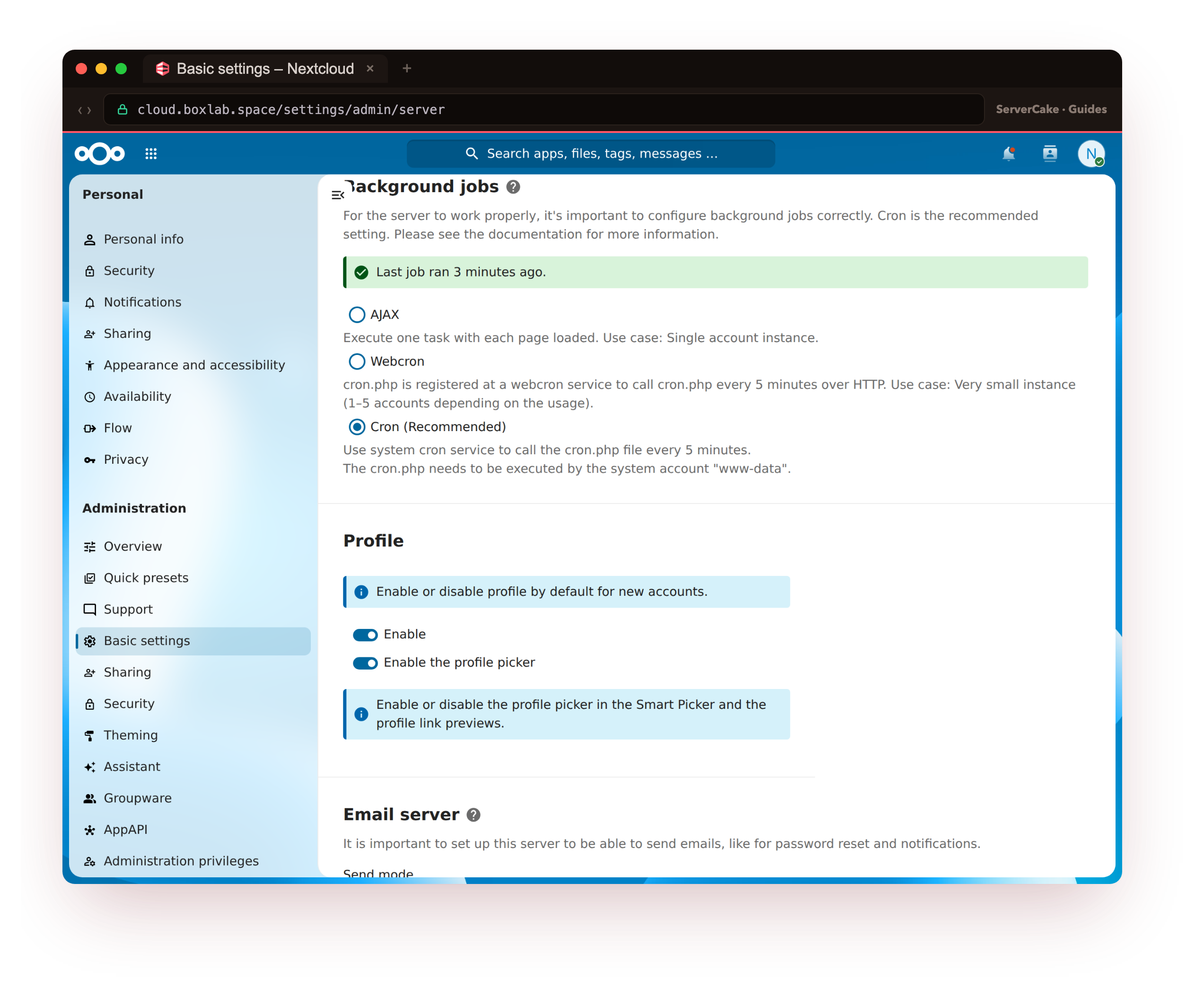 The Nextcloud Basic settings page at cloud.boxlab.space with Background jobs set to Cron (Recommended), the green banner reading Last job ran 3 minutes ago, proof the systemd system cron is firing on schedule rather than the unreliable in-browser AJAX cron