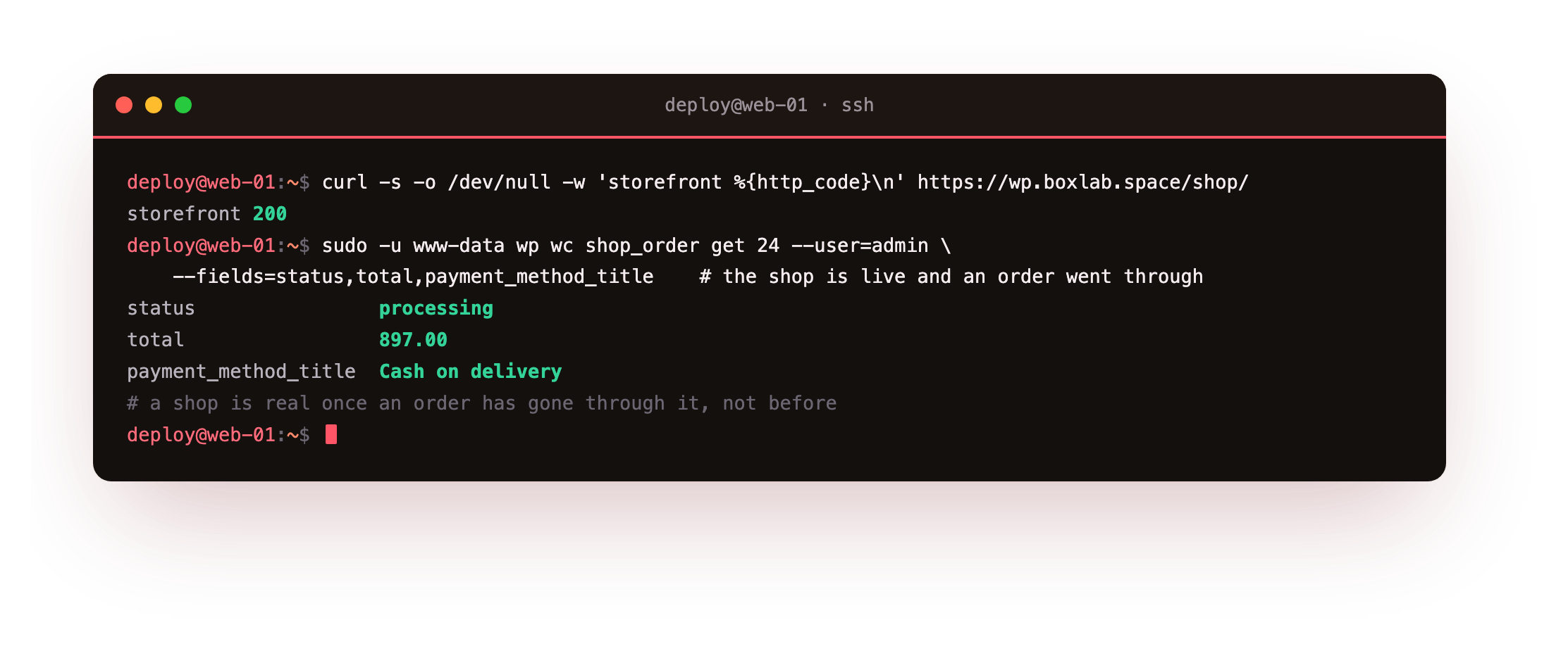 The destination proof on one slice: the storefront answers HTTP 200 and wp wc shop_order get shows the real test order 24 as processing, total 897.00 rupees, paid by Cash on delivery, so the WooCommerce store is live and an order has genuinely gone through it