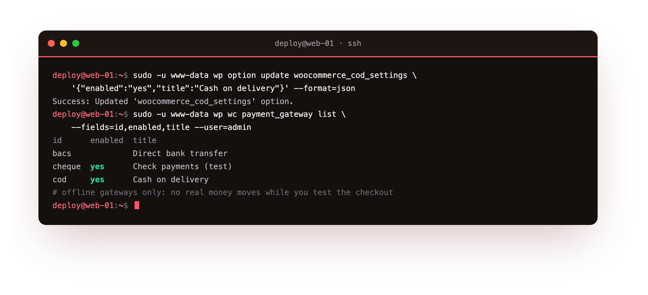 Enabling safe payments: wp option update turning on Cash on delivery, and wp wc payment_gateway list confirming the cod and cheque offline gateways are enabled, so a test order can be placed without any real money moving