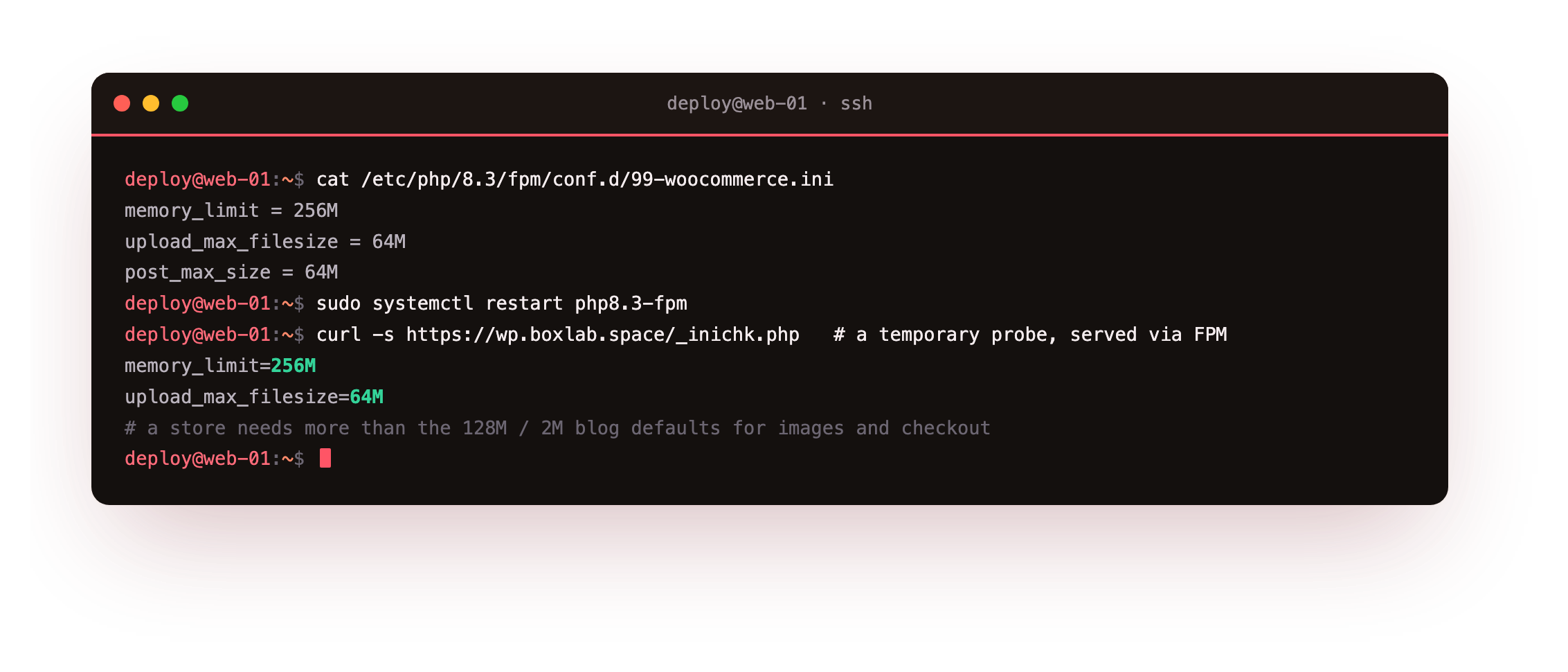 Raising PHP limits for a store: the FPM pool ini setting memory_limit to 256M and upload_max_filesize to 64M, then a probe served through PHP-FPM confirming the effective values, up from the stock 128M and 2M blog defaults, enough headroom for product images and checkout