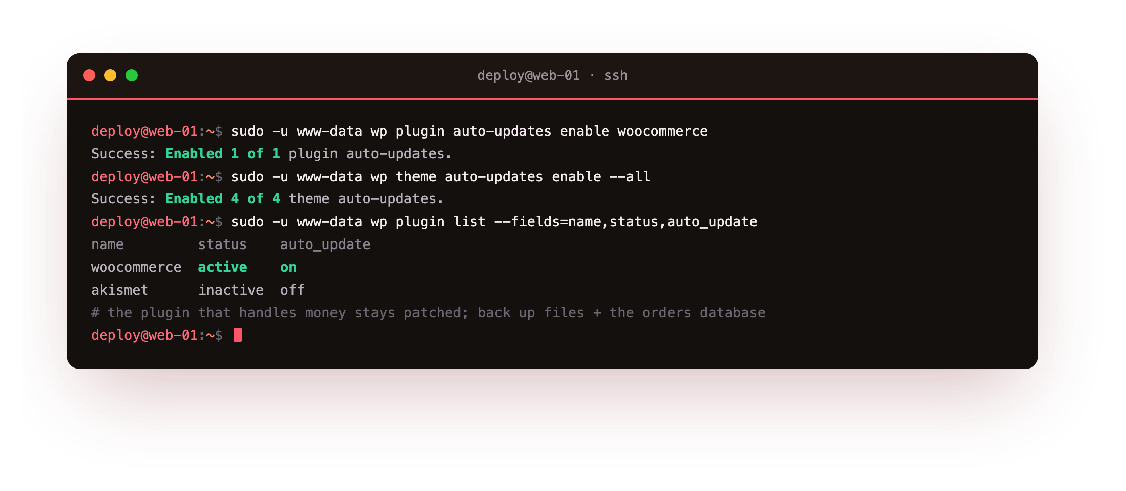 Keeping the store running: wp plugin auto-updates enabling automatic WooCommerce updates and wp theme auto-updates for the theme, with wp plugin list confirming woocommerce is active with auto_update on, so the plugin that handles money stays patched