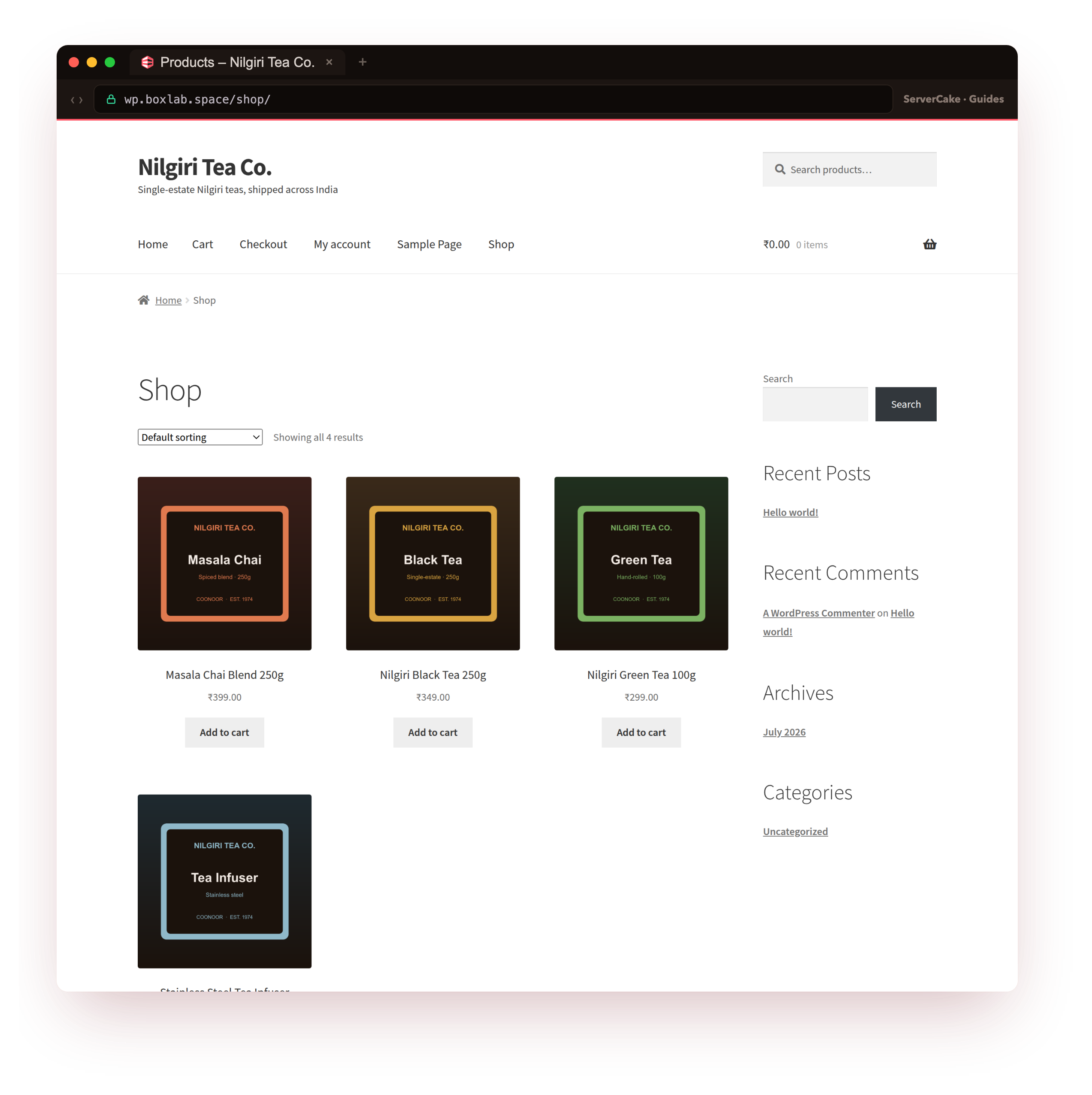 The live Nilgiri Tea Co. storefront at wp.boxlab.space/shop/ on the Storefront theme, served over real HTTPS with a valid padlock, showing all four real products with their uploaded images and rupee prices under an Add to cart button, framed in the ServerCake browser chrome