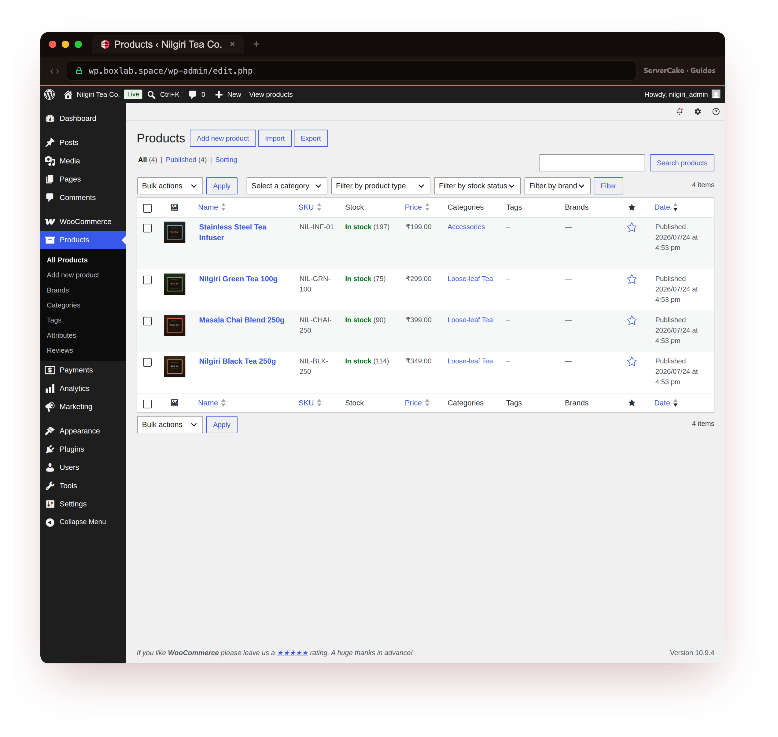 The WooCommerce products admin at wp.boxlab.space/wp-admin logged in as the store owner, listing the four products with thumbnails, SKUs, in-stock counts, rupee prices and categories, with the WooCommerce version 10.9.4 shown at the foot of the page