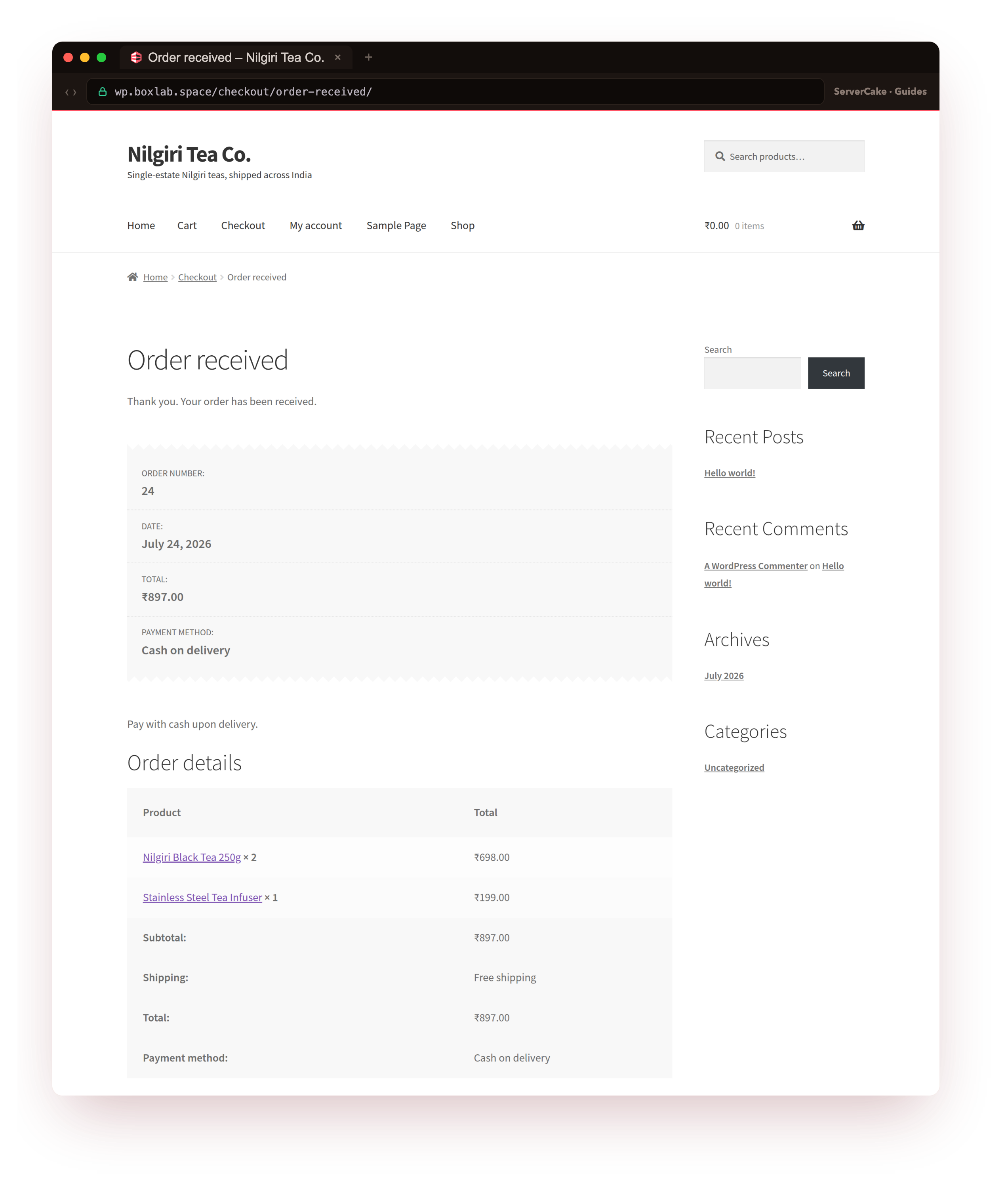 The genuine order-received page at wp.boxlab.space/checkout/order-received after a real guest checkout: Thank you, your order has been received, order number 24, total 897.00 rupees, Cash on delivery, with the line items and Free shipping listed, served over real HTTPS