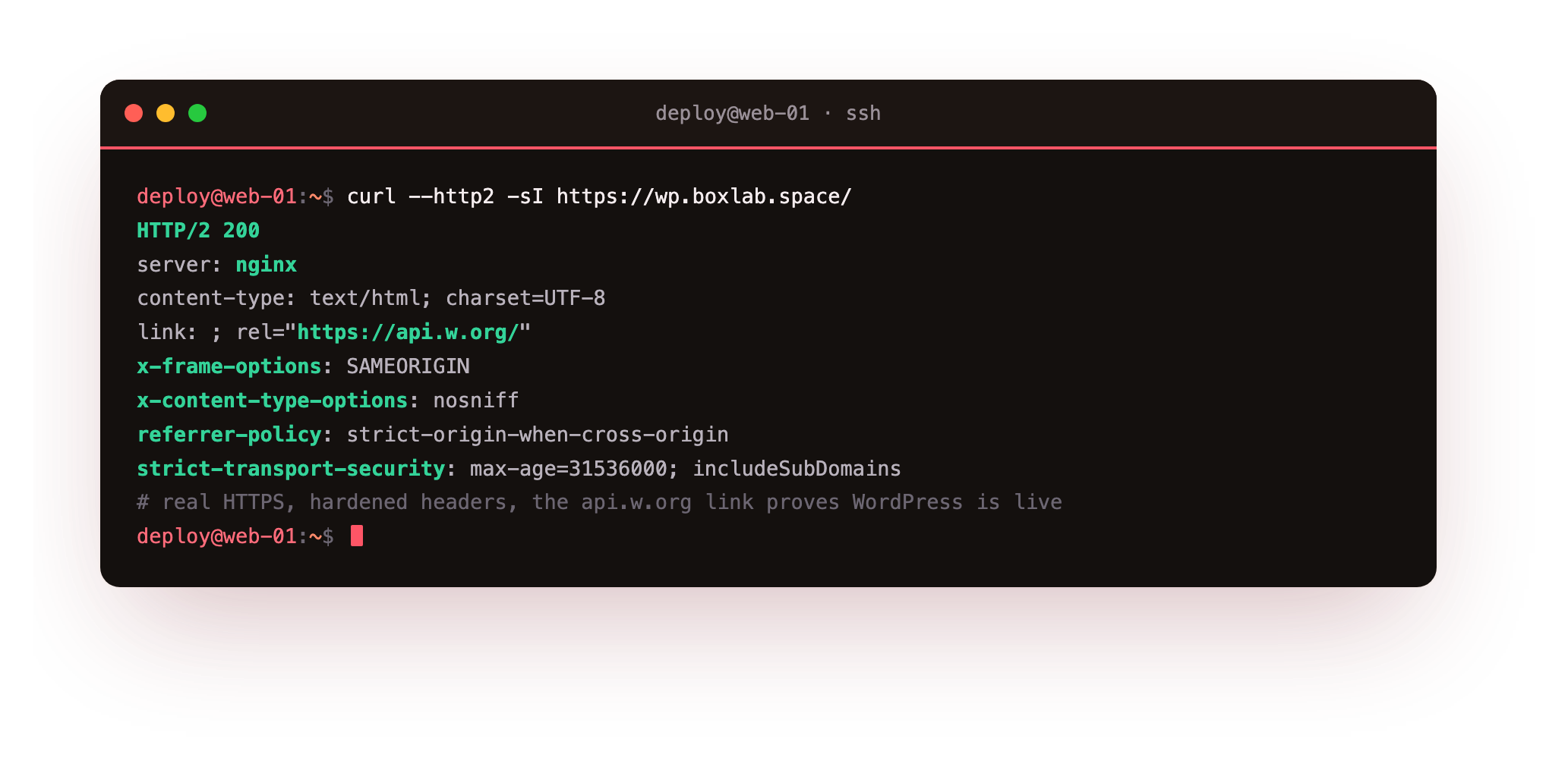 The finished install answering over HTTP/2 with 200 OK, the nginx server header, the four security headers, and the api.w.org link header that only a live WordPress emits, captured against the real lab site wp.boxlab.space