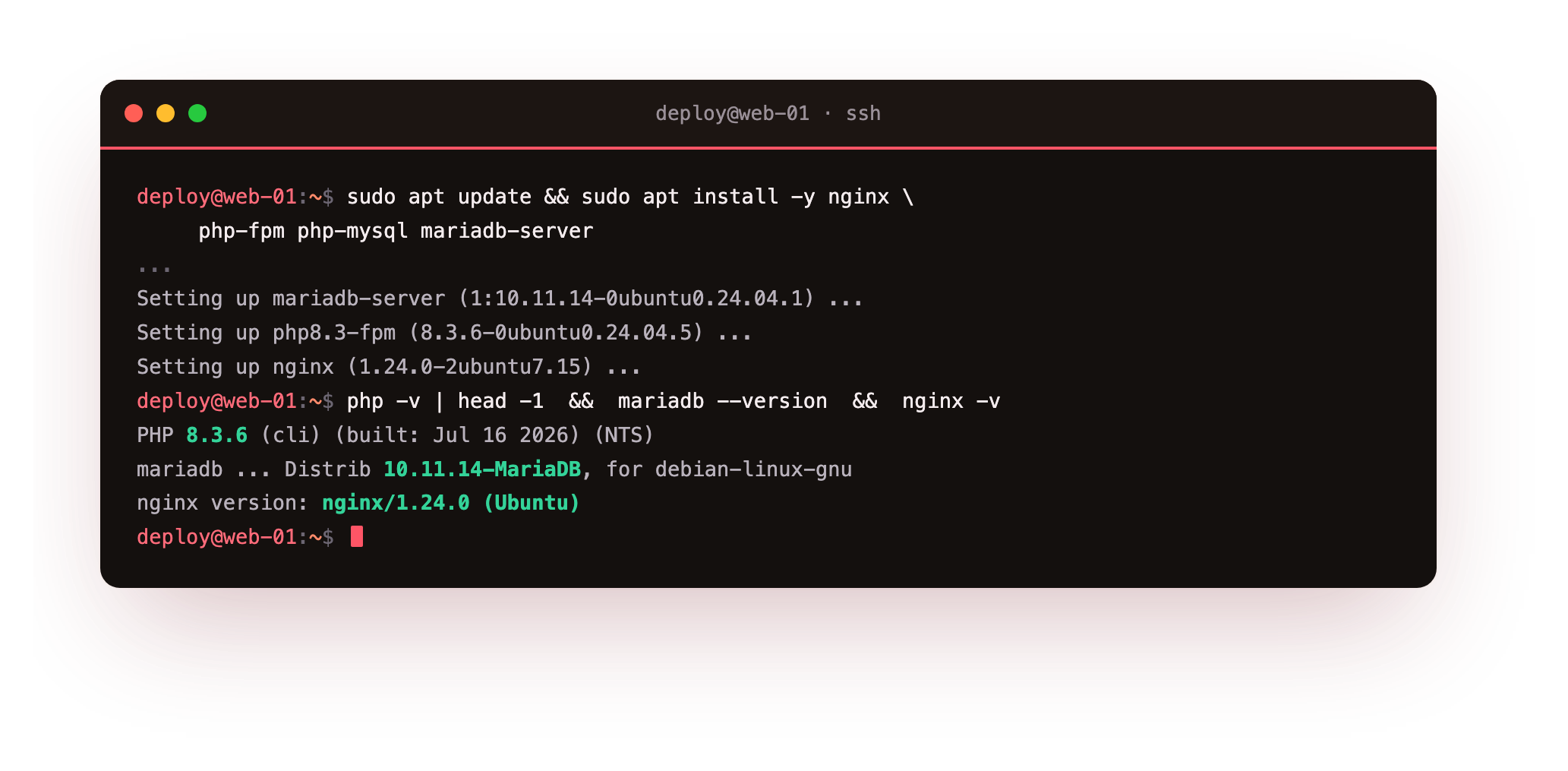 apt installing nginx, php-fpm, php-mysql and mariadb-server on Ubuntu 24.04, then the versions read back: PHP 8.3.6, MariaDB 10.11.14 and nginx 1.24.0